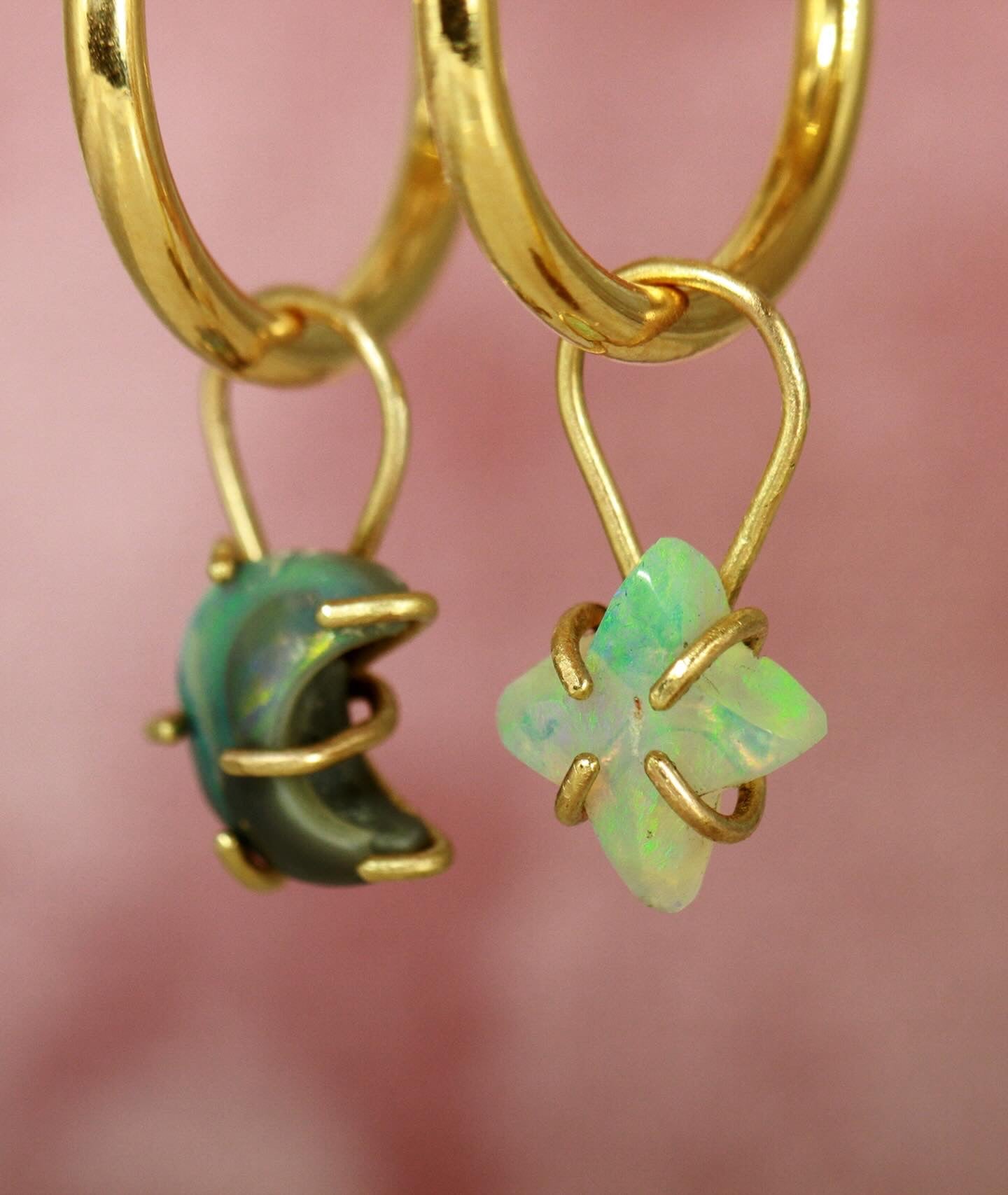 Crescent Moon & North Star (Starbust) Opal earrings in solid 9ct gold - Ke Li