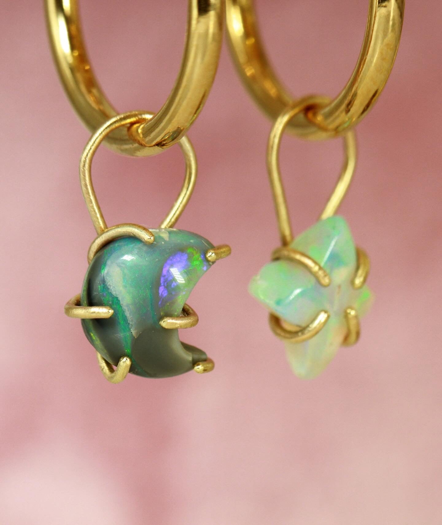 Crescent Moon & North Star (Starbust) Opal earrings in solid 9ct gold - Ke Li