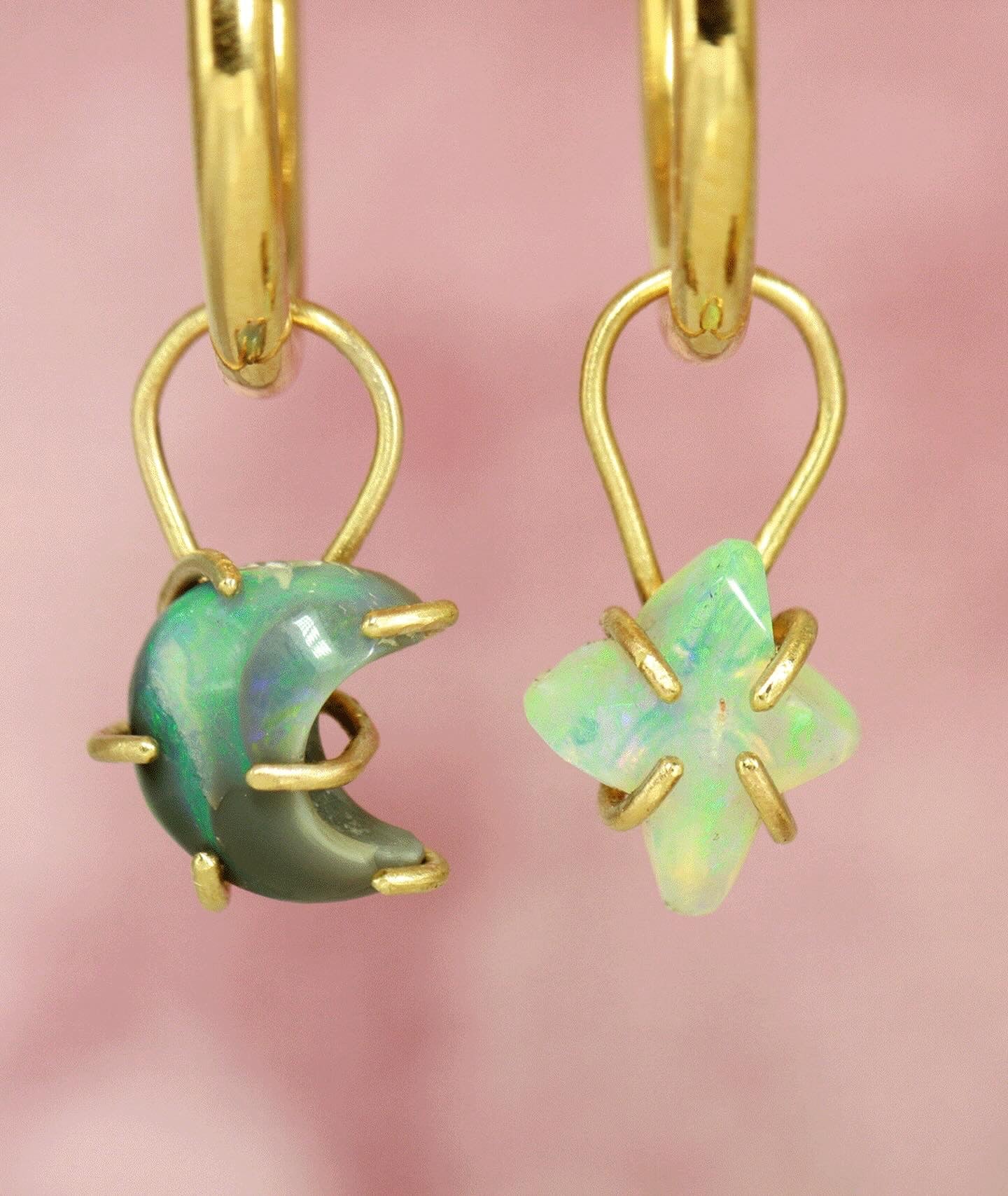 Crescent Moon & North Star (Starbust) Opal earrings in solid 9ct gold - Ke Li