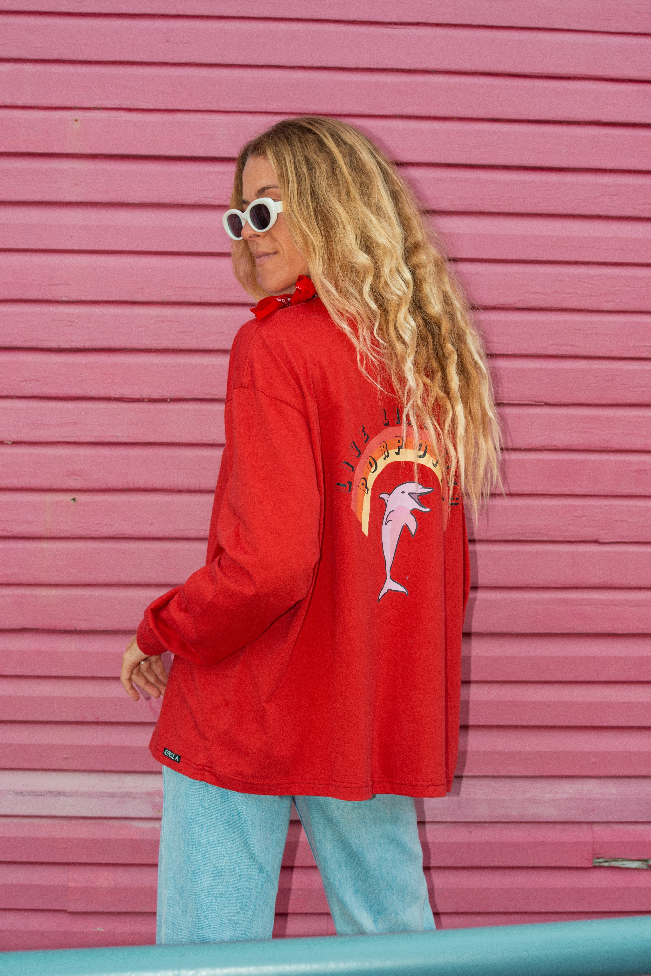 Artist Oversized Longsleeve Tee ‘Live Life With Porpoise’ By Bri O’Connell - Atmosea