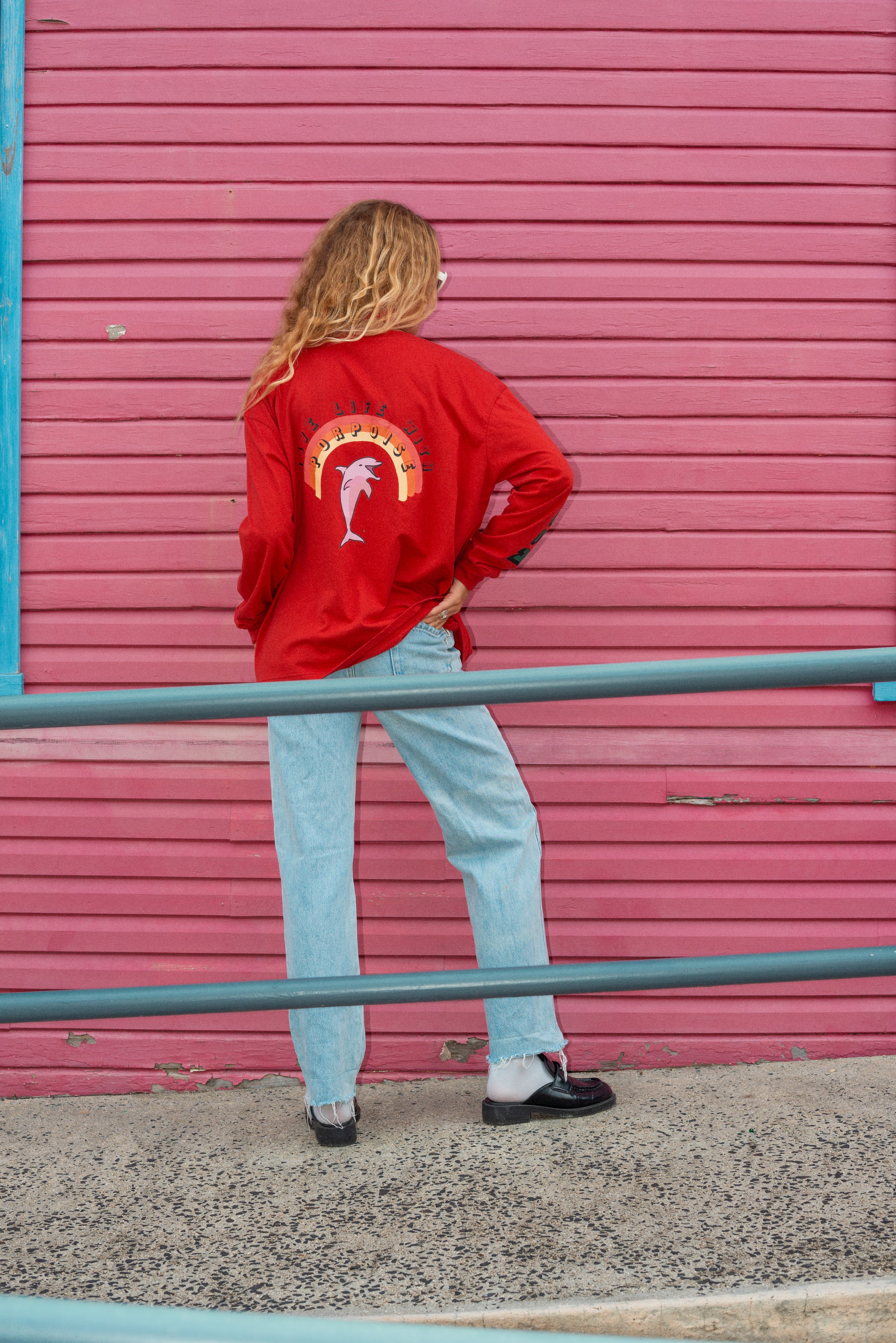 Artist Oversized Longsleeve Tee ‘Live Life With Porpoise’ By Bri O’Connell - Atmosea