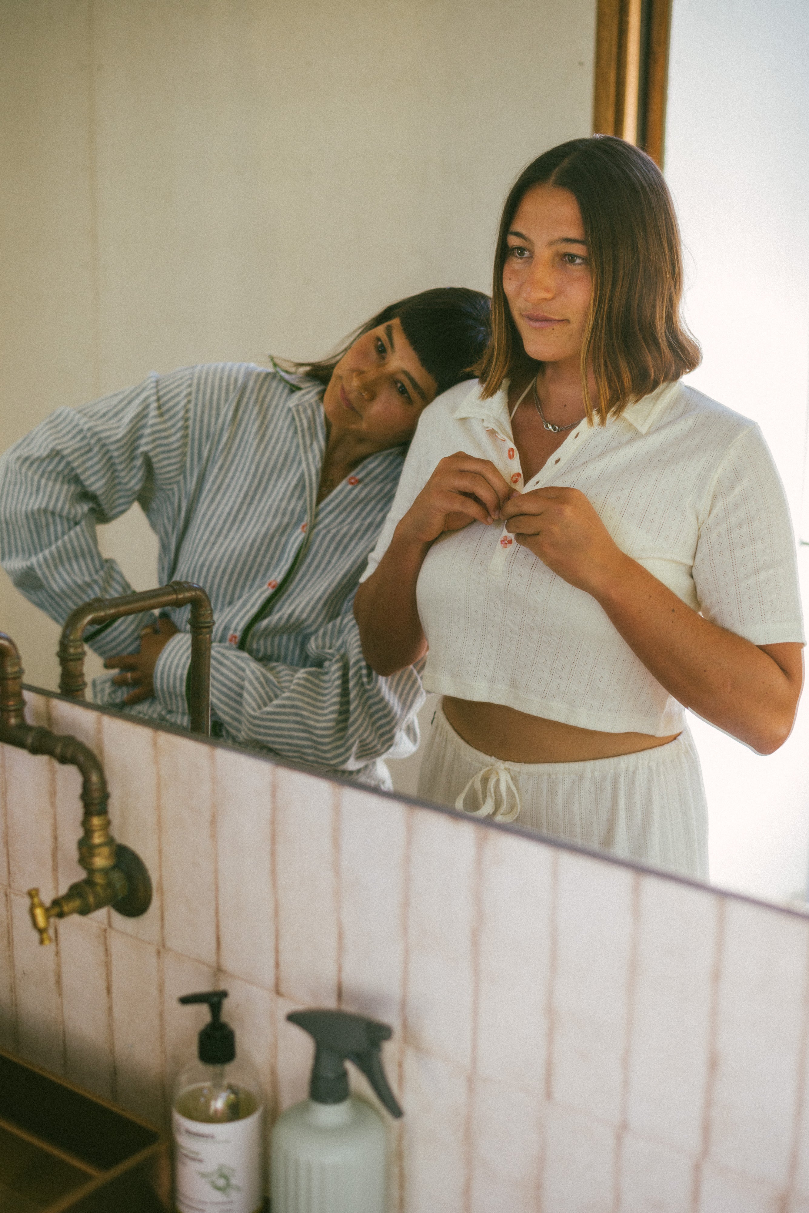 Beach PJ Collar Tee in Cream Pointelle - Atmosea