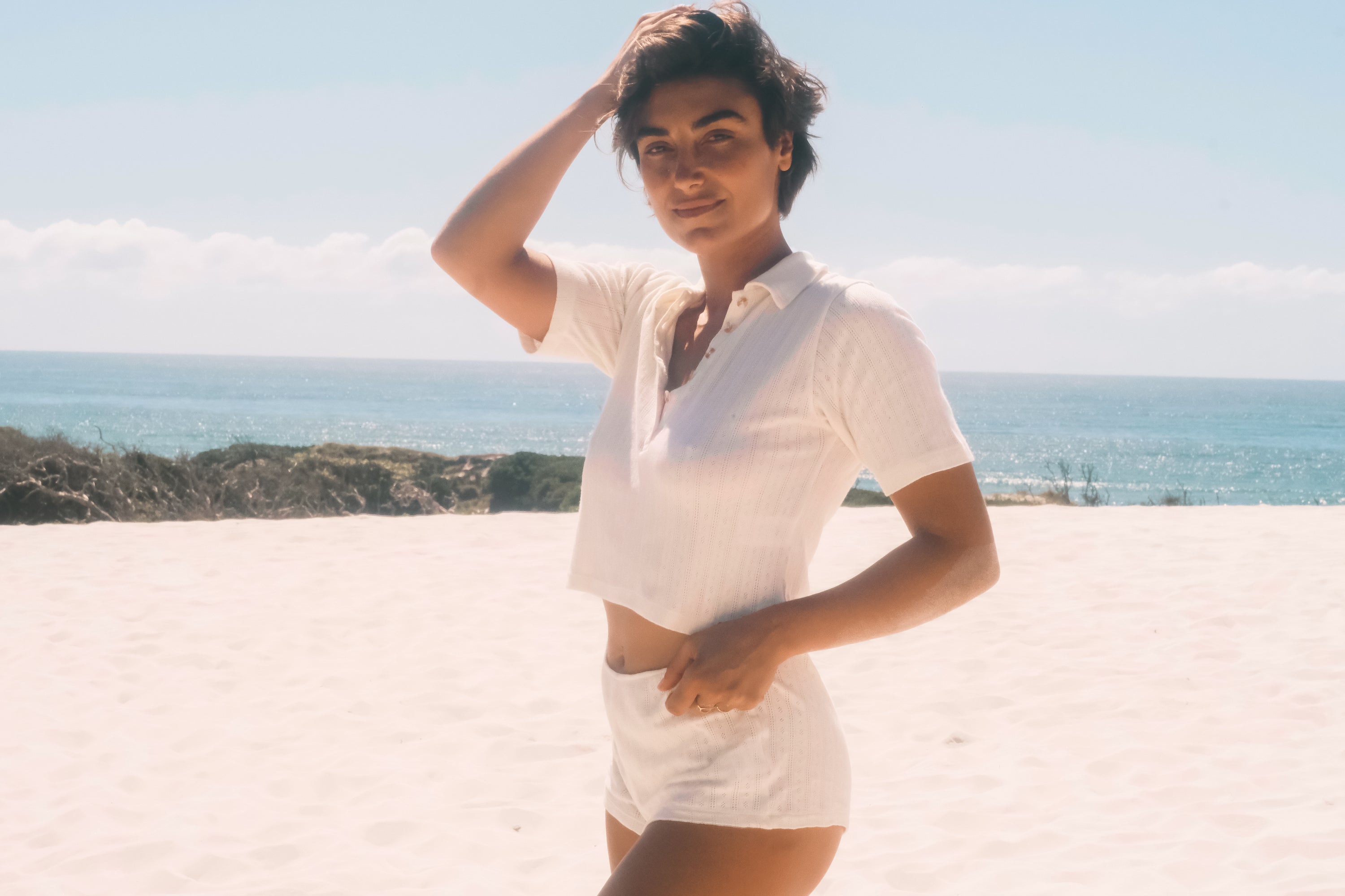 Beach PJ Collar Tee in Cream Pointelle - Atmosea