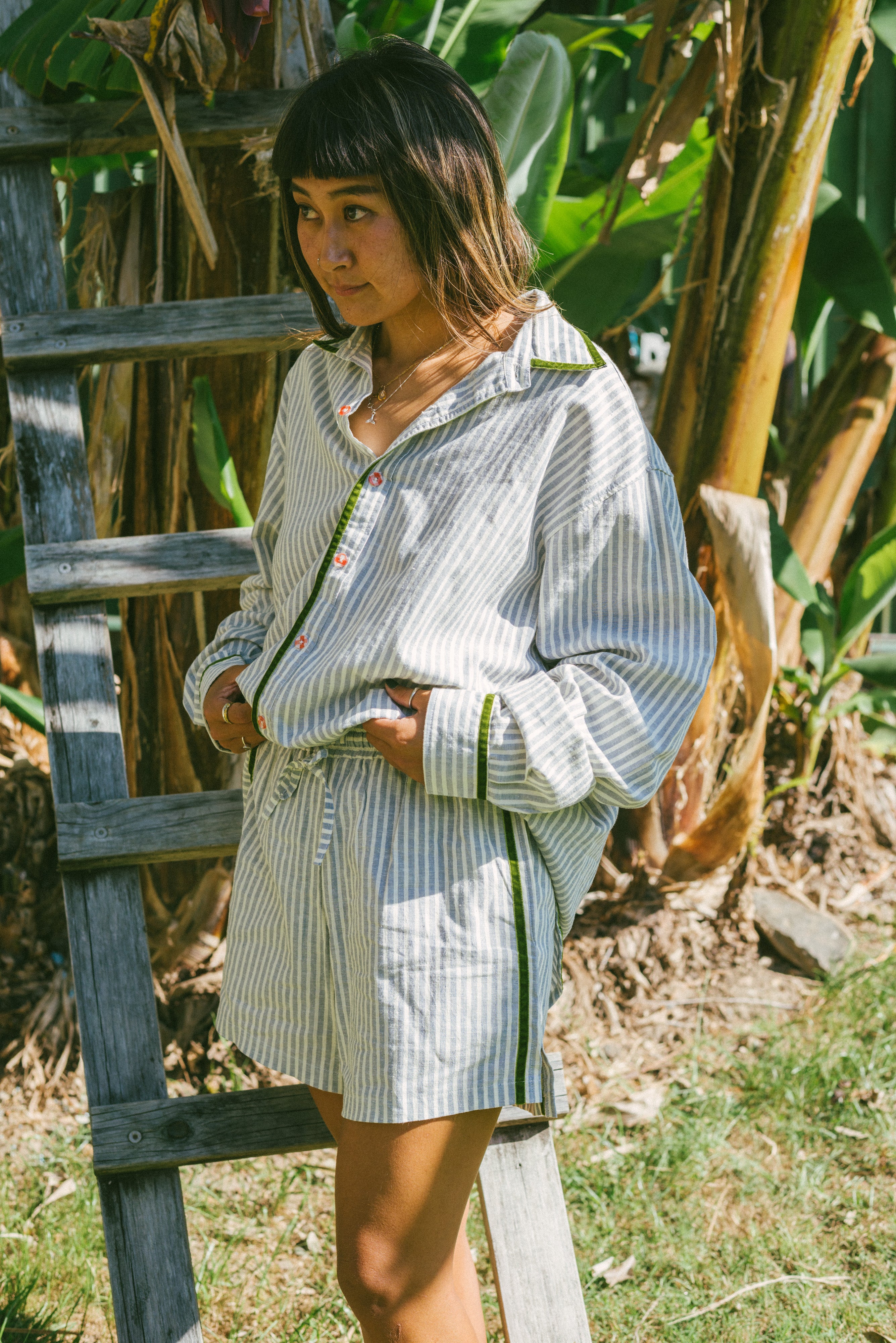 Bundle 2 pcs PJ Shirt in Green Velvet Stripe - Atmosea