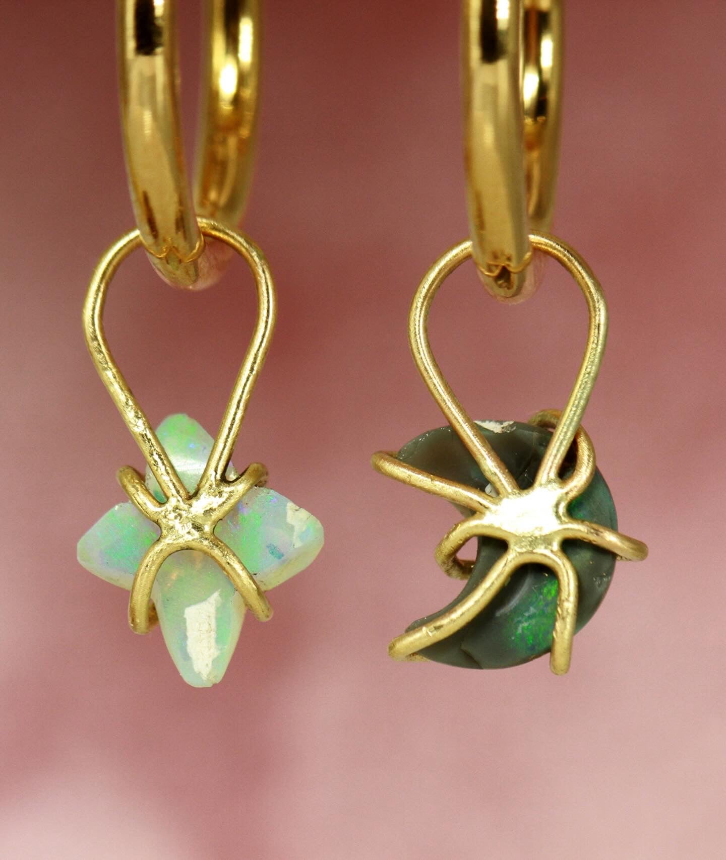 Crescent Moon & North Star (Starbust) Opal earrings in solid 9ct gold - Ke Li