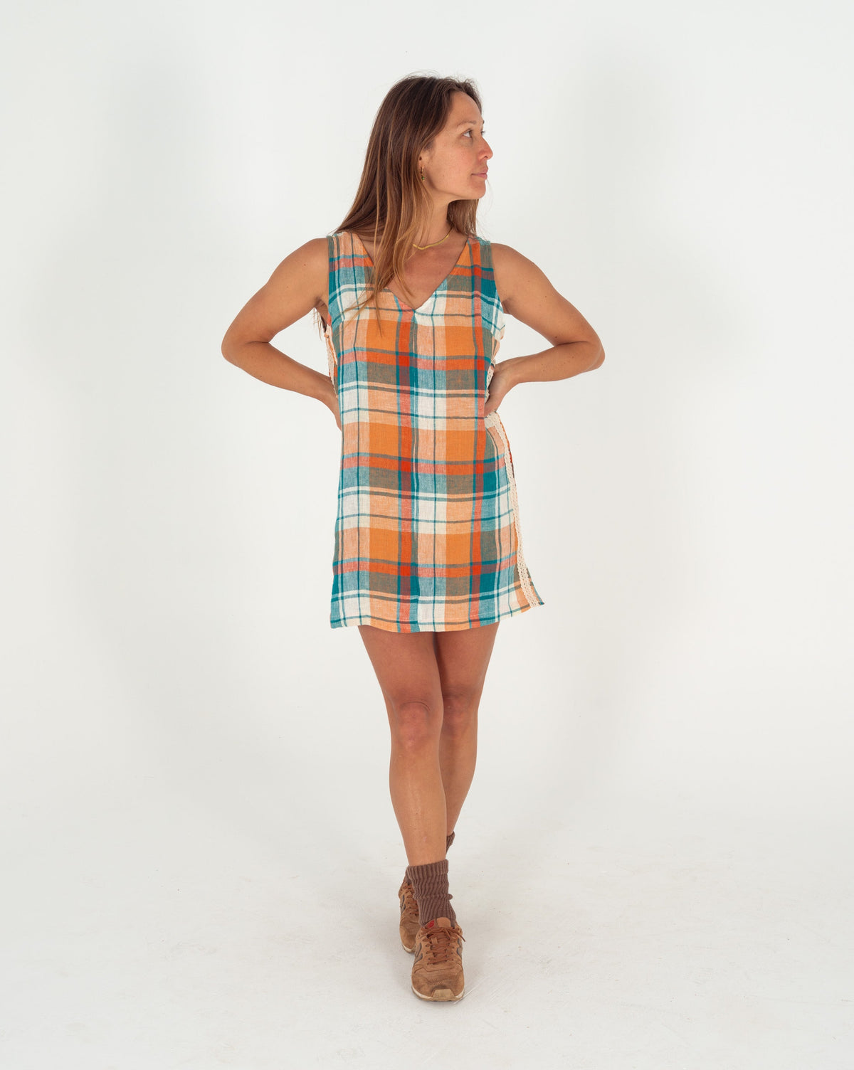 Karina V Neck Mini Dress in Citrus/ Teal Check - Atmosea