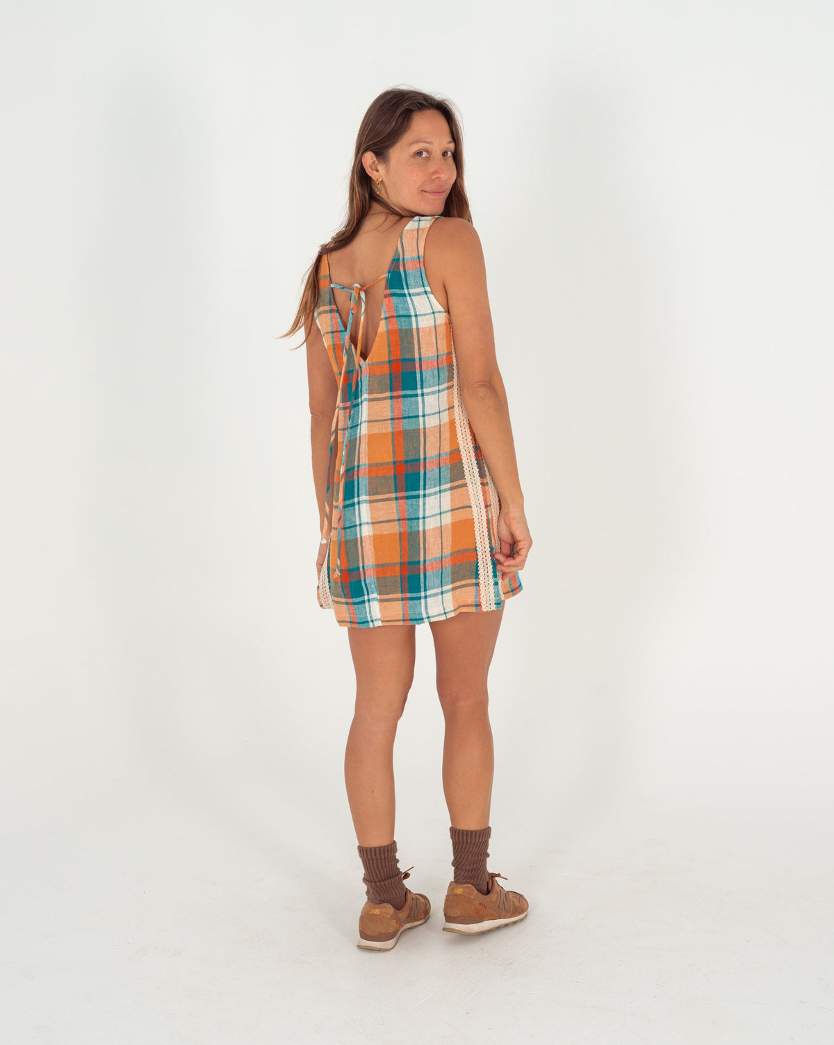 Karina V Neck Mini Dress in Citrus/ Teal Check - Atmosea