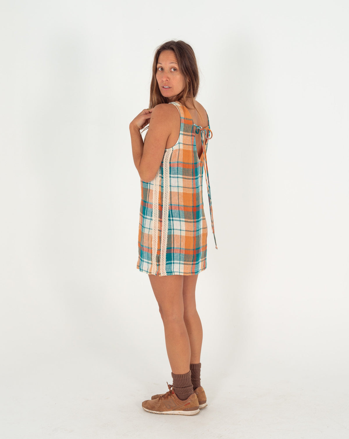 Karina V Neck Mini Dress in Citrus/ Teal Check - Atmosea