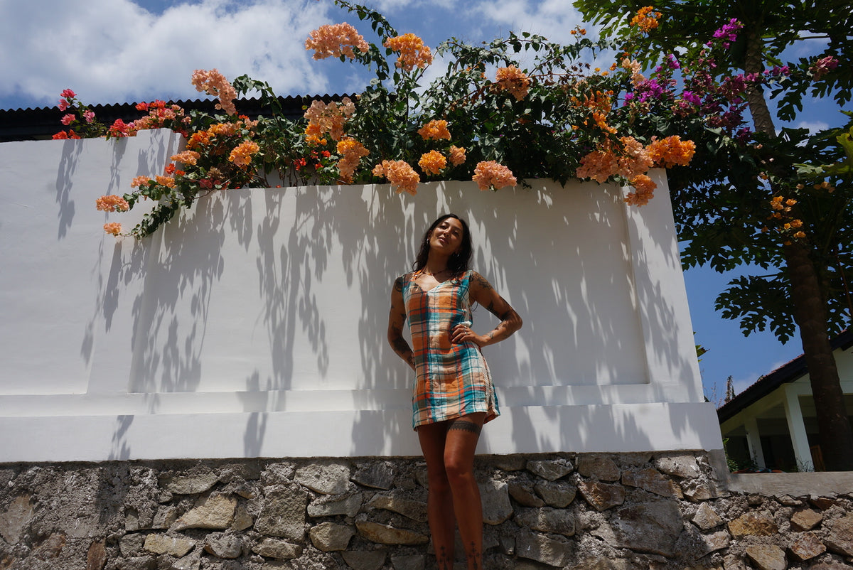 Karina V Neck Mini Dress in Citrus/ Teal Check - Atmosea