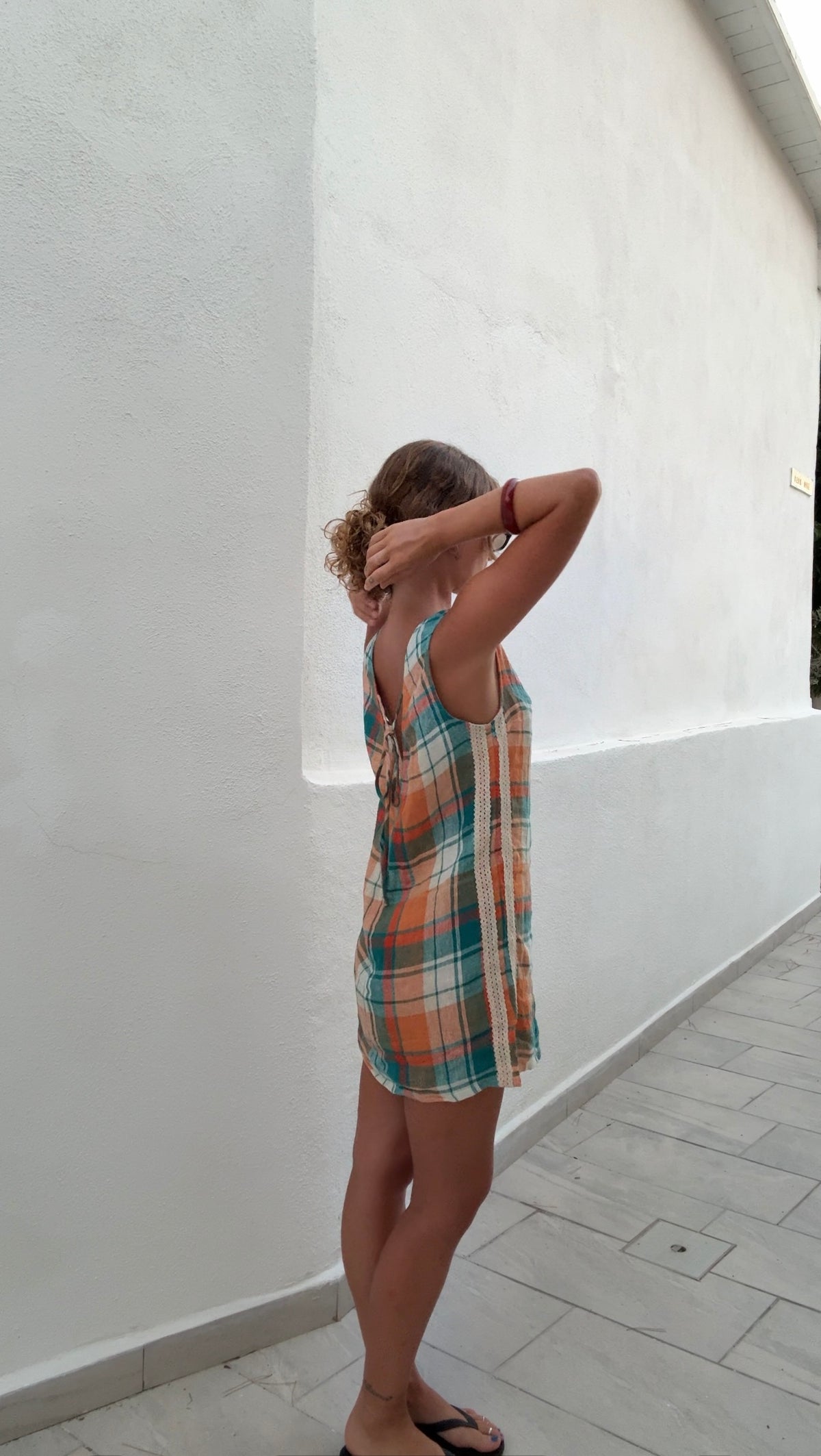 Karina V Neck Mini Dress in Citrus/ Teal Check - Atmosea