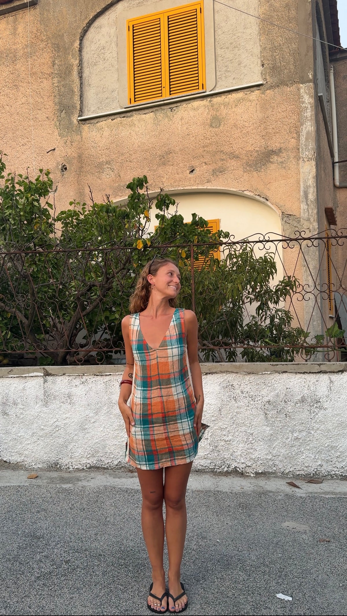 Karina V Neck Mini Dress in Citrus/ Teal Check - Atmosea