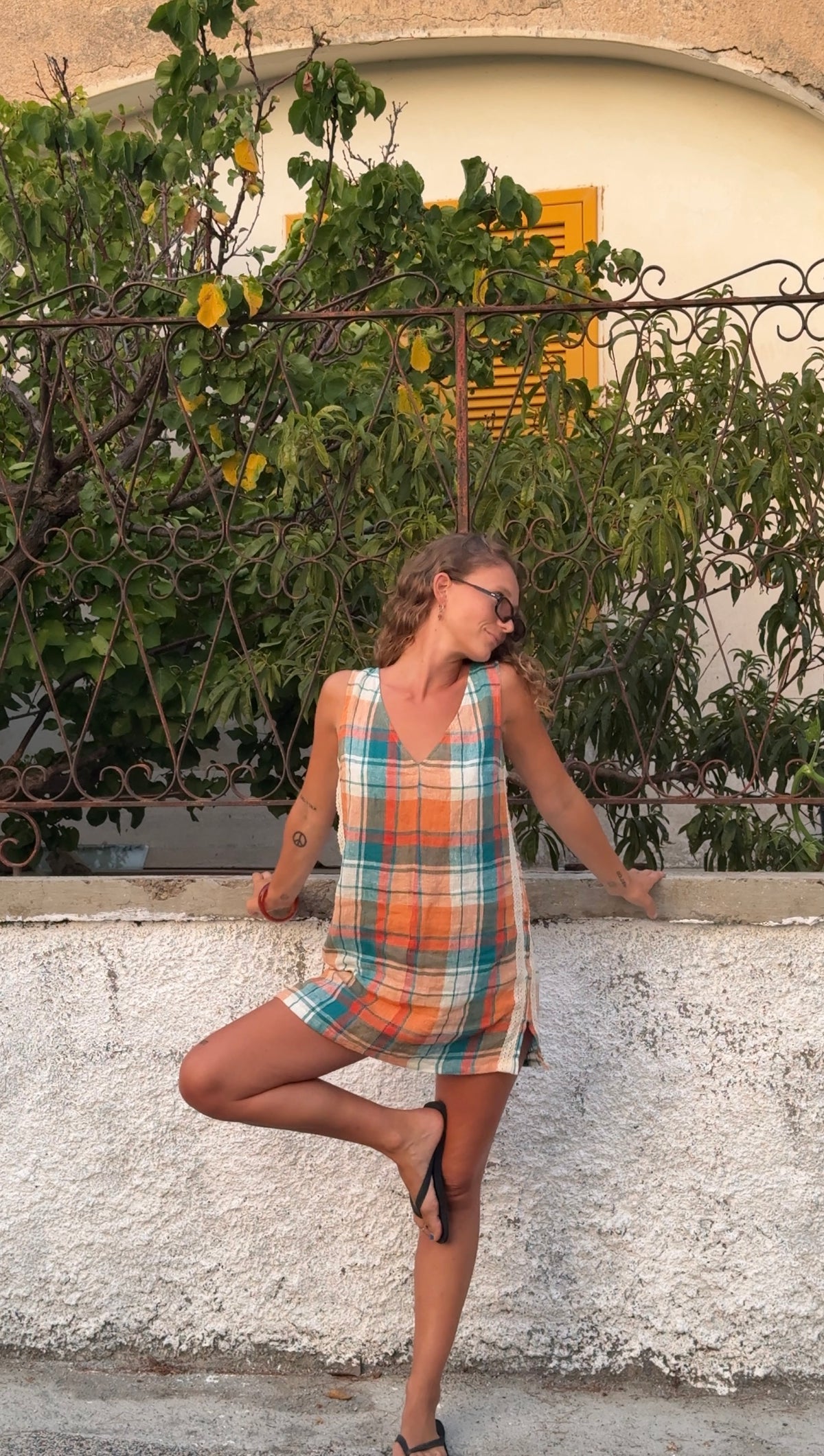 Karina V Neck Mini Dress in Citrus/ Teal Check - Atmosea