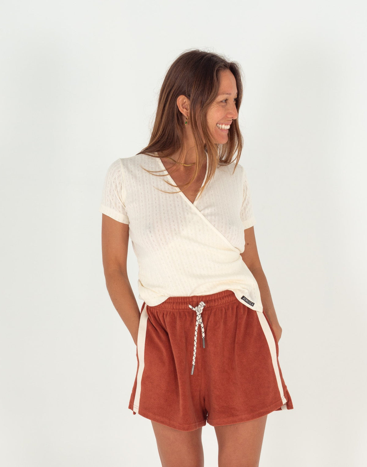 Mila Pointelle Wrap Top in Oat - Atmosea