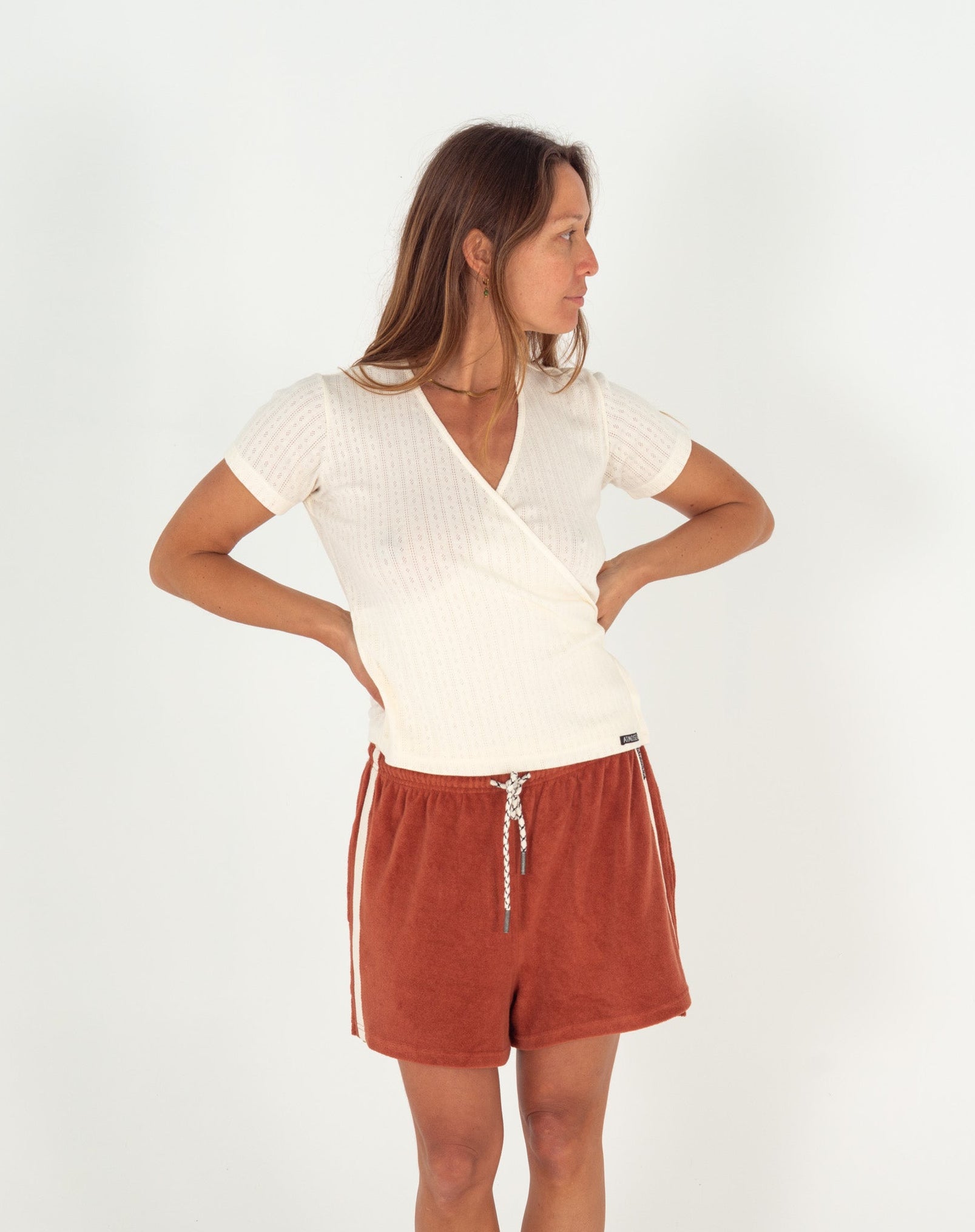 Mila Pointelle Wrap Top in Oat - Atmosea