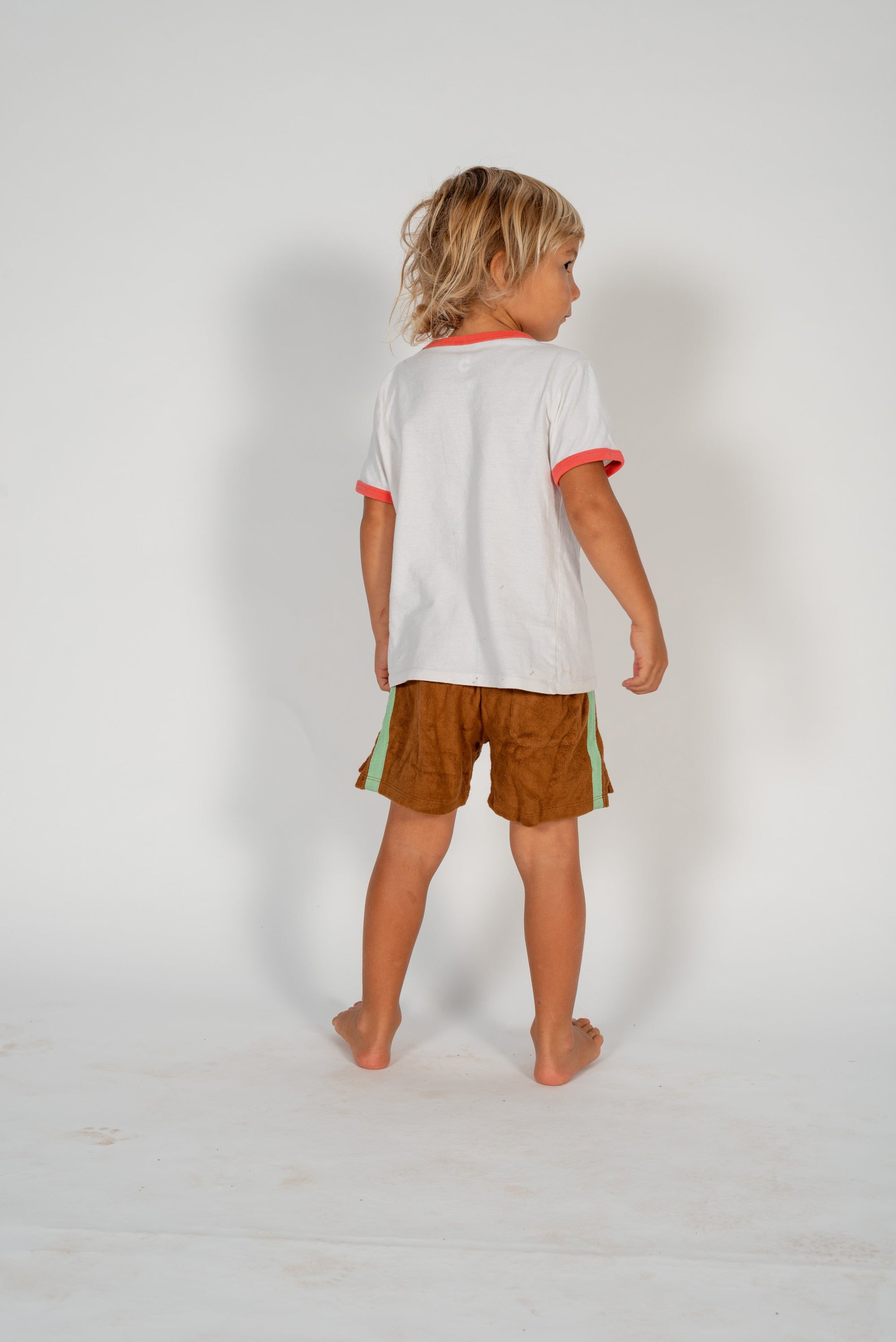 Mini Terry Towelling Shorts in Brown with Mint Stripe - Atmosea