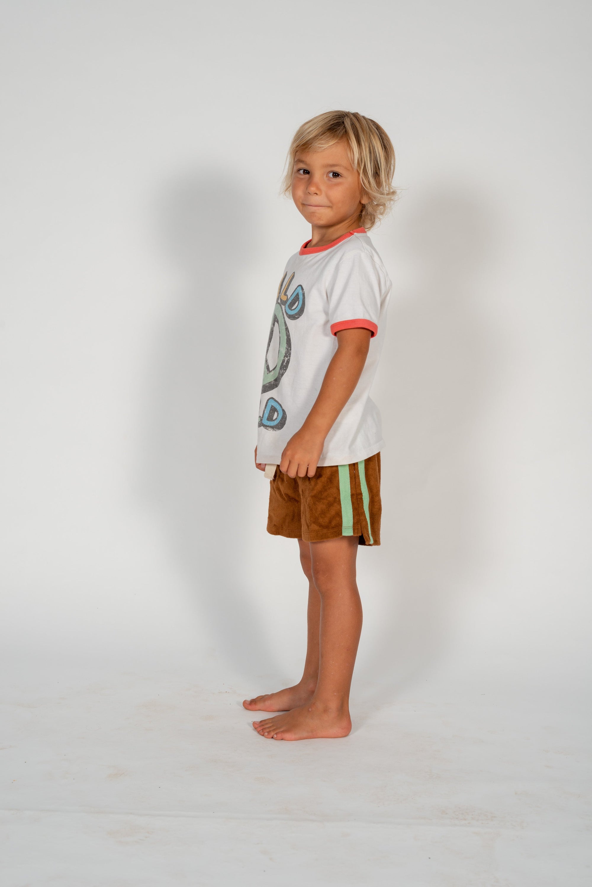 Mini Terry Towelling Shorts in Brown with Mint Stripe - Atmosea