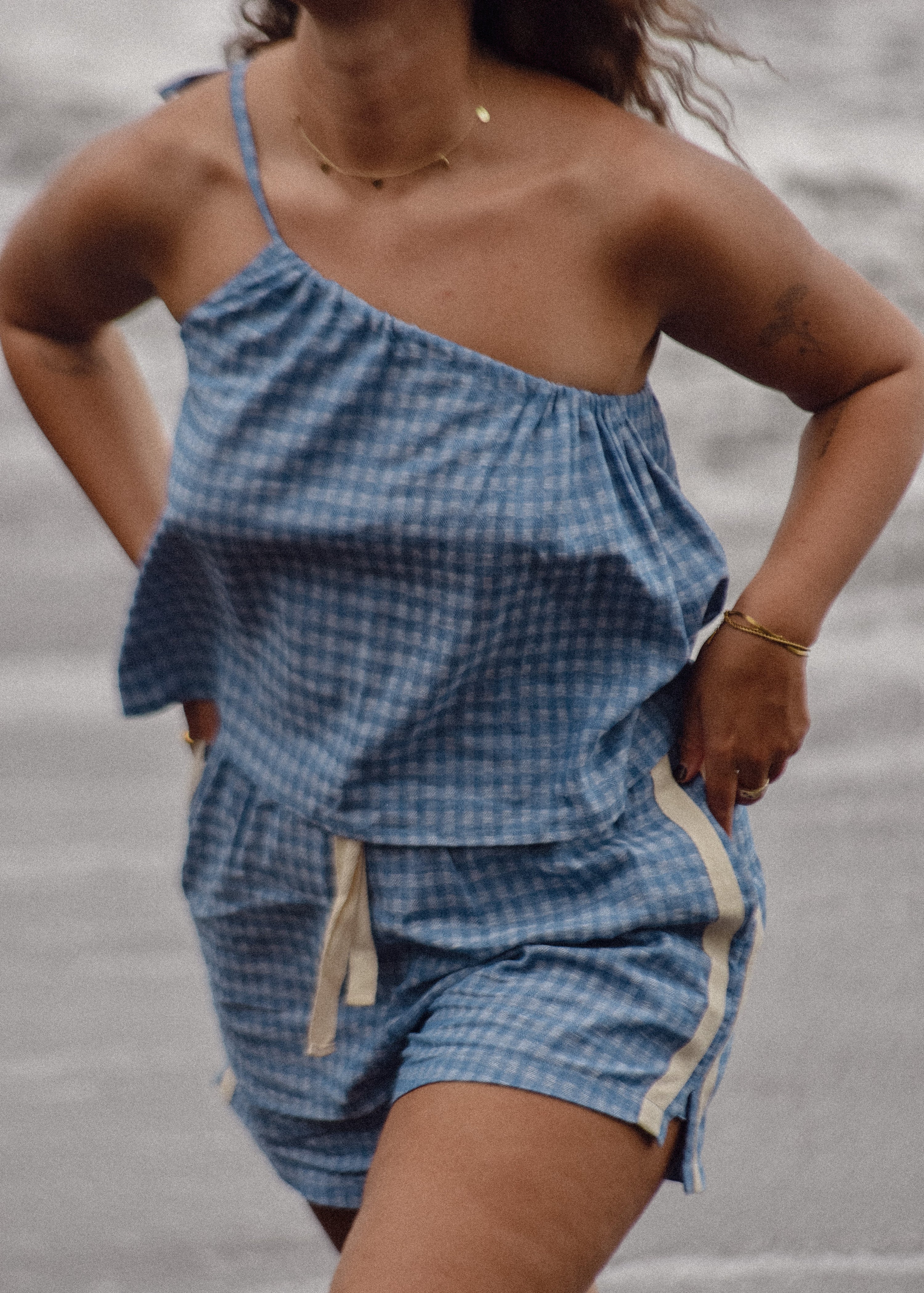 One Shoulder Tie Top in Blue Gingham - Atmosea