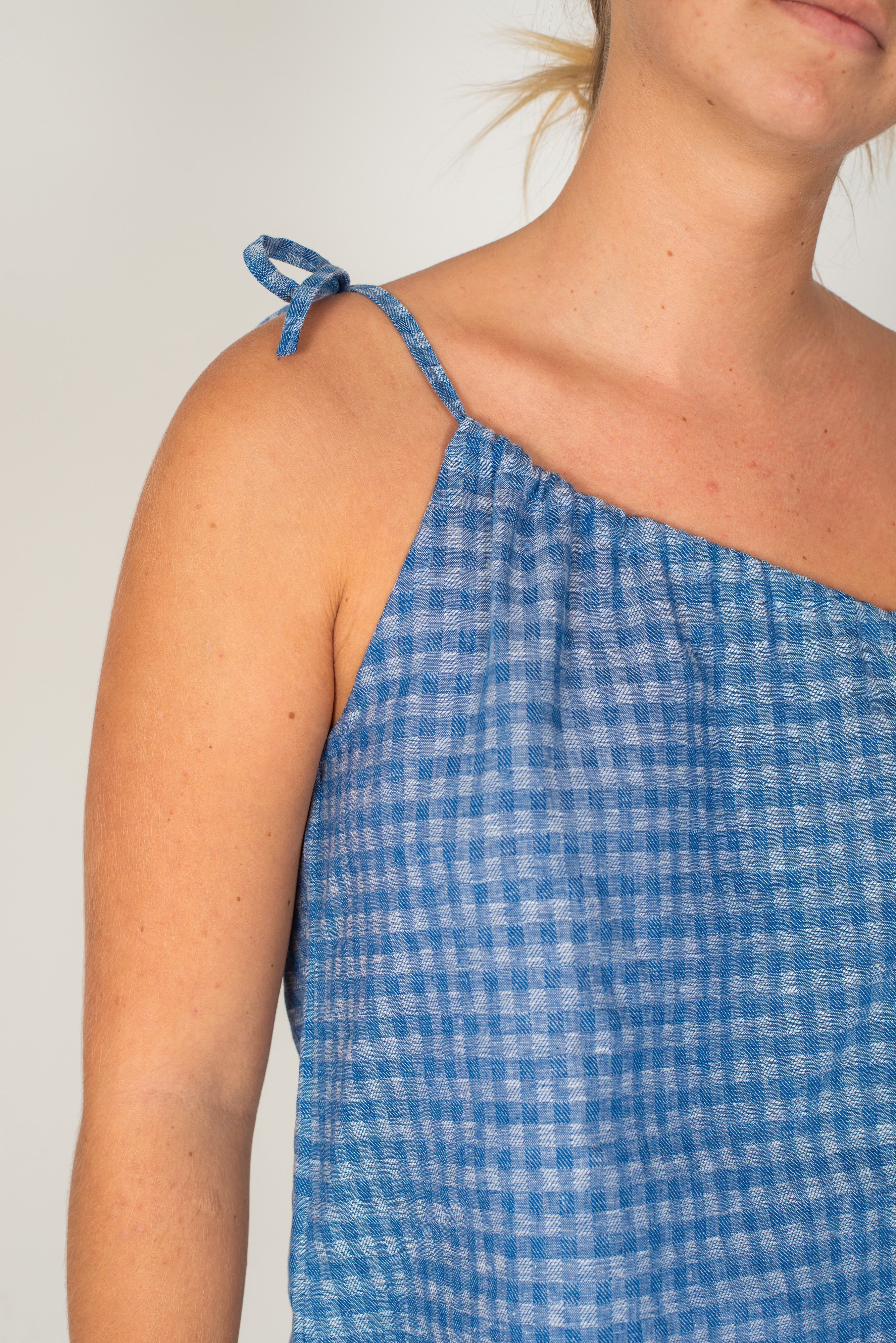 One Shoulder Tie Top in Blue Gingham - Atmosea