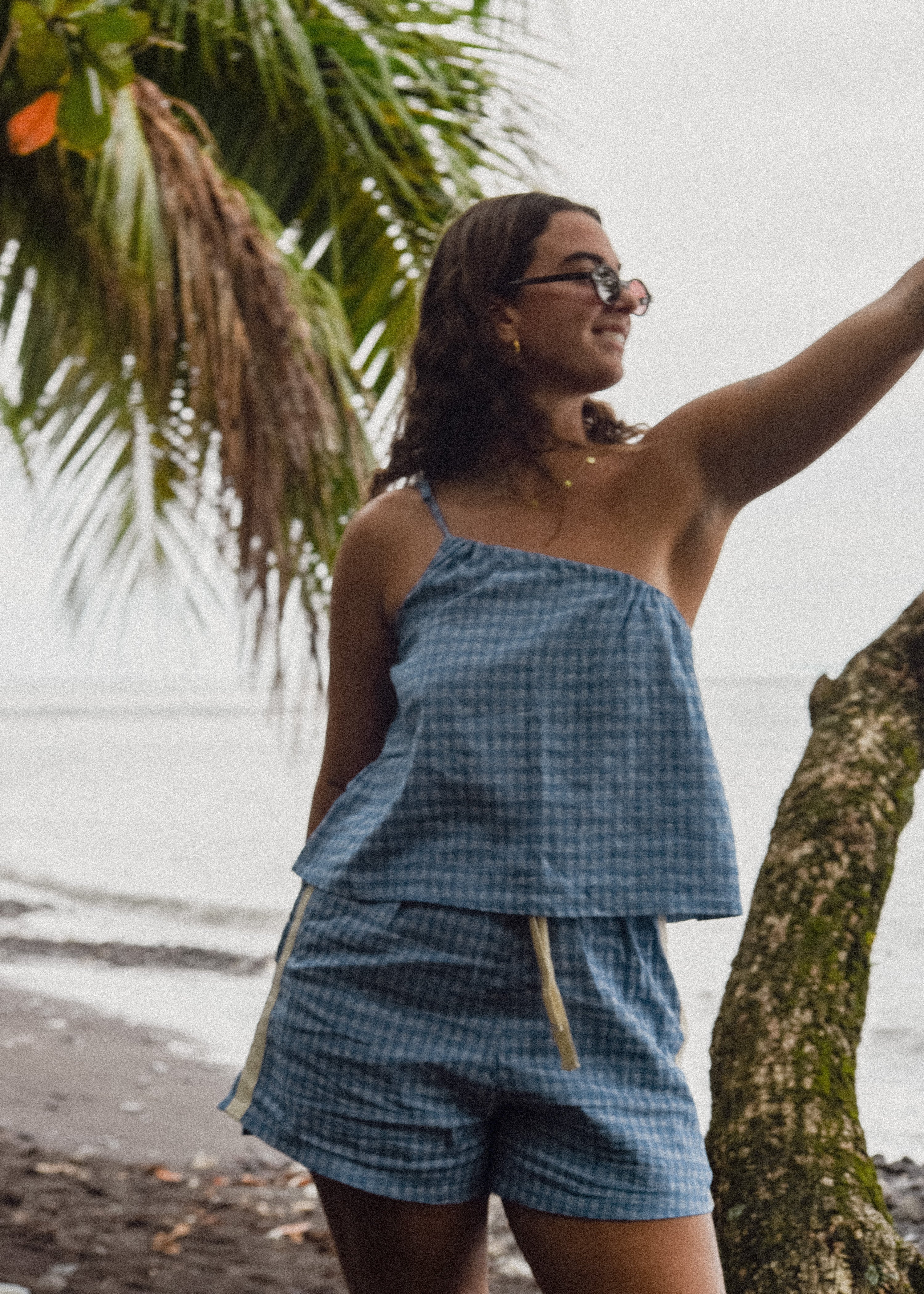 One Shoulder Tie Top in Blue Gingham - Atmosea