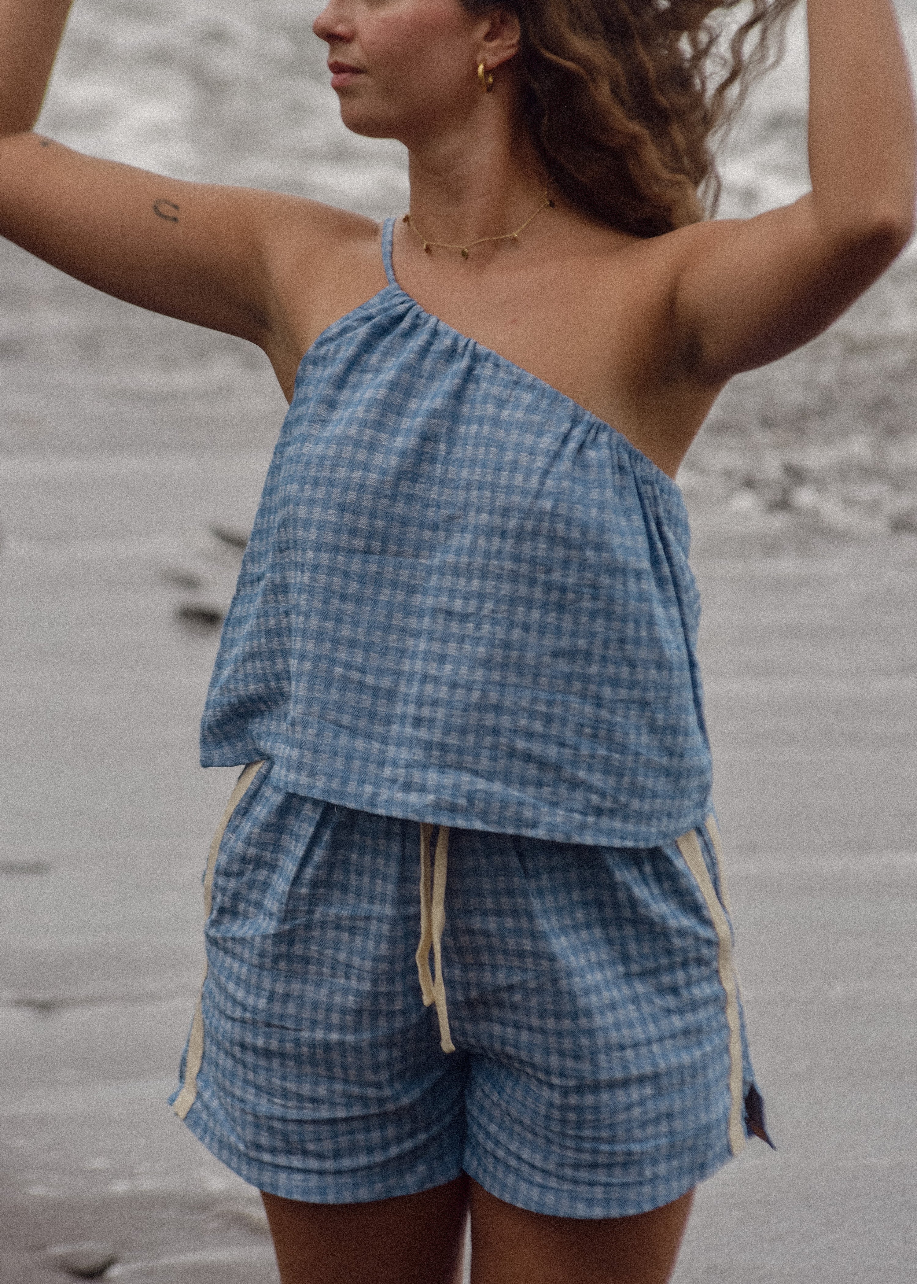 One Shoulder Tie Top in Blue Gingham - Atmosea