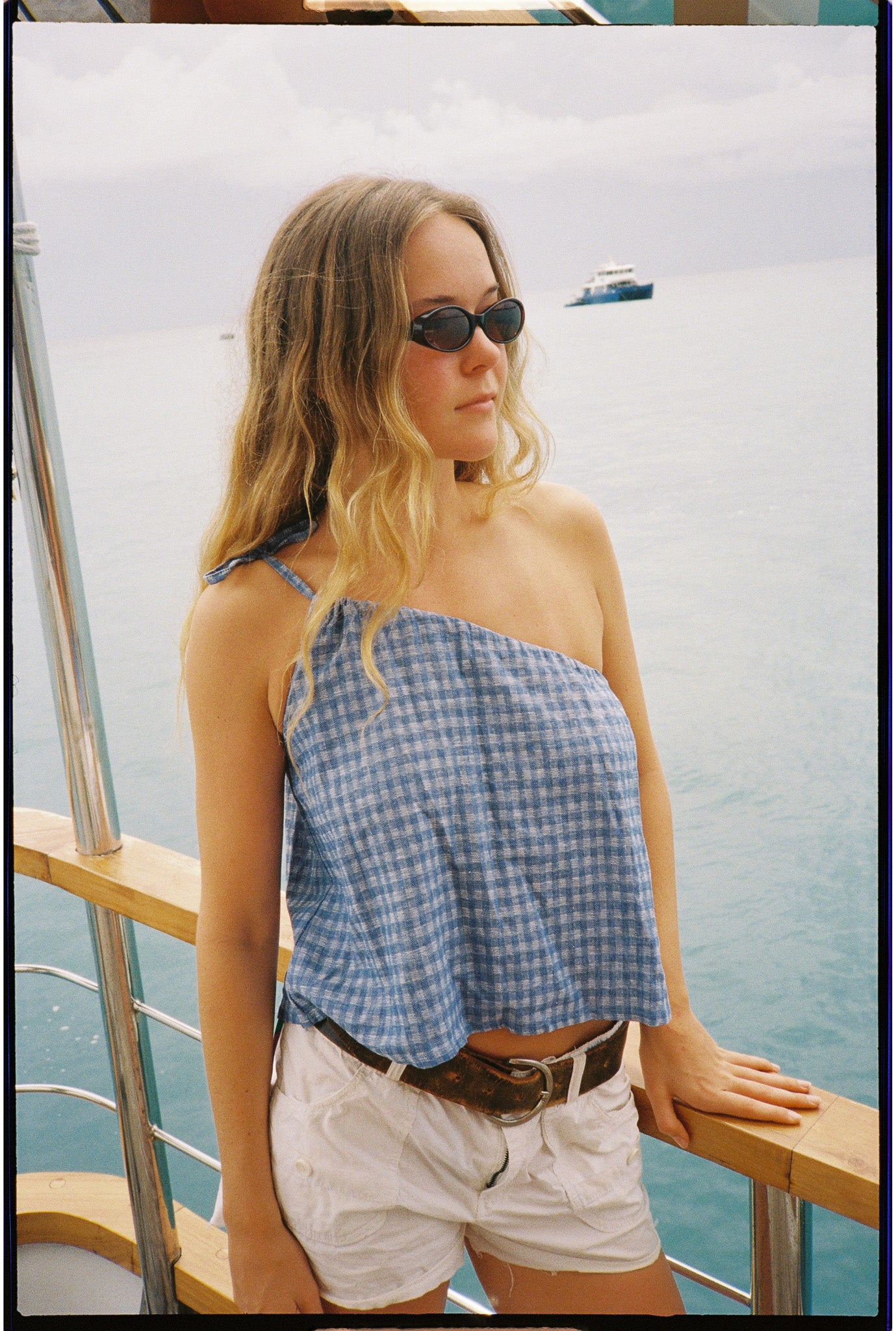 One Shoulder Tie Top in Blue Gingham - Atmosea
