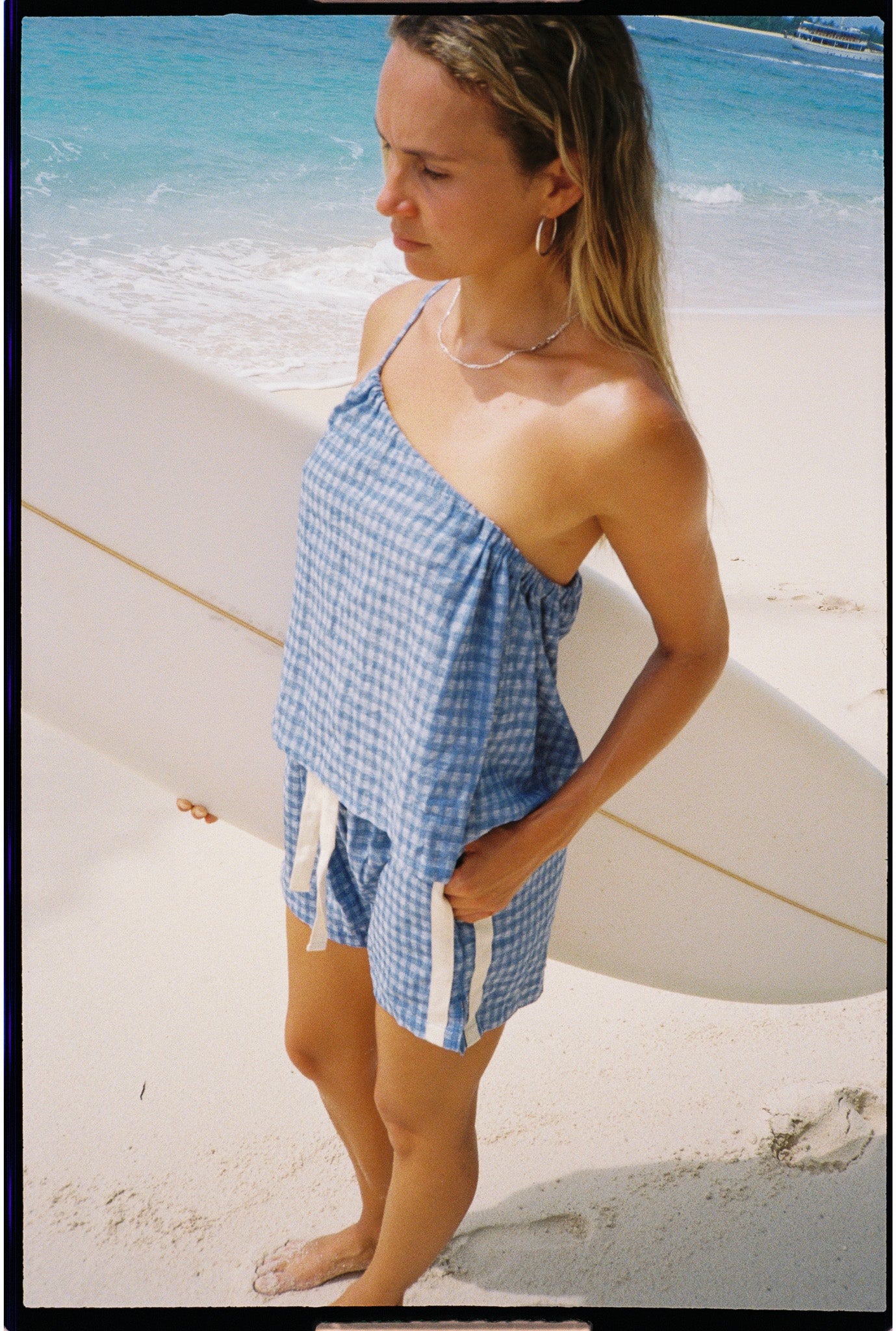 One Shoulder Tie Top in Blue Gingham - Atmosea