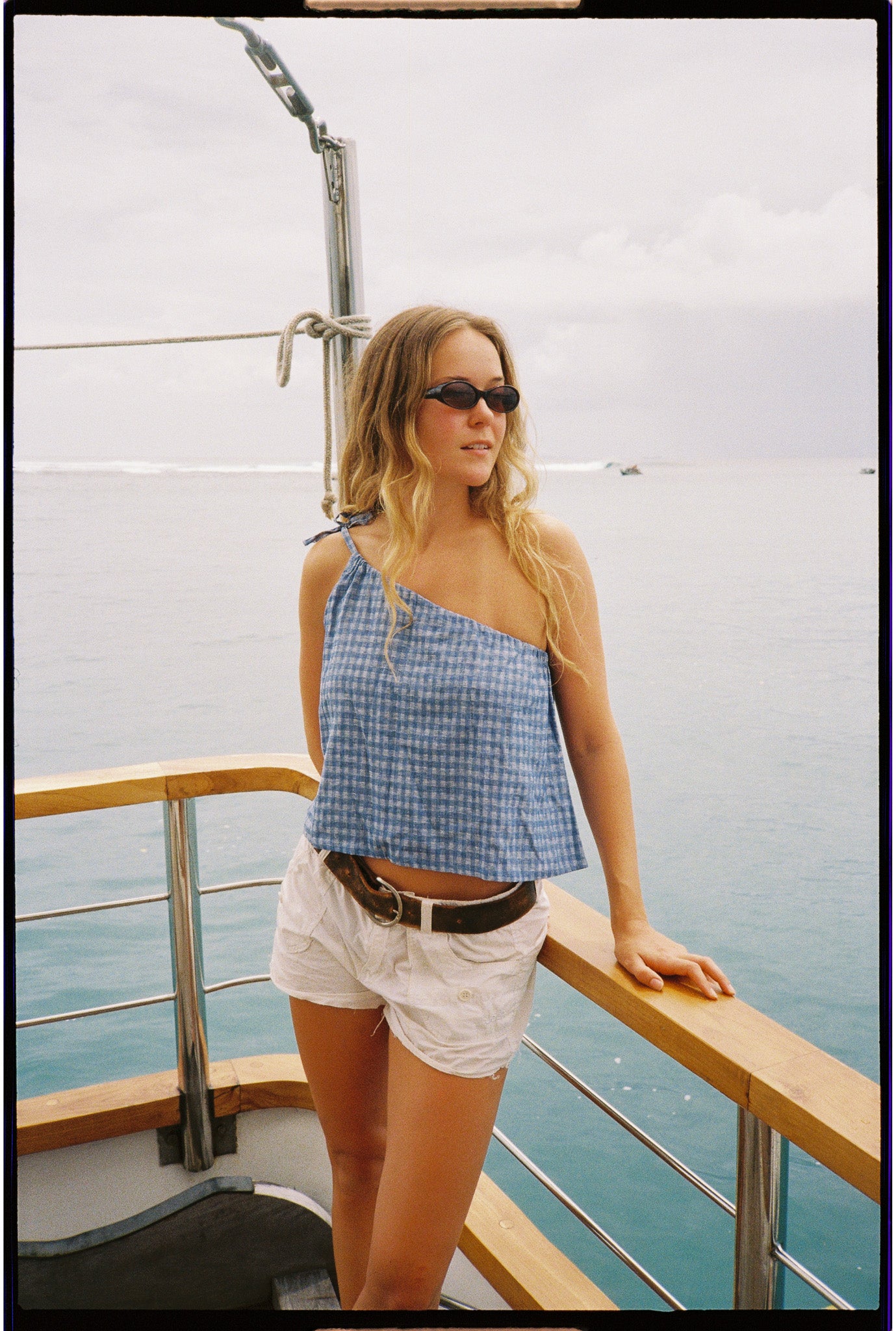 One Shoulder Tie Top in Blue Gingham - Atmosea