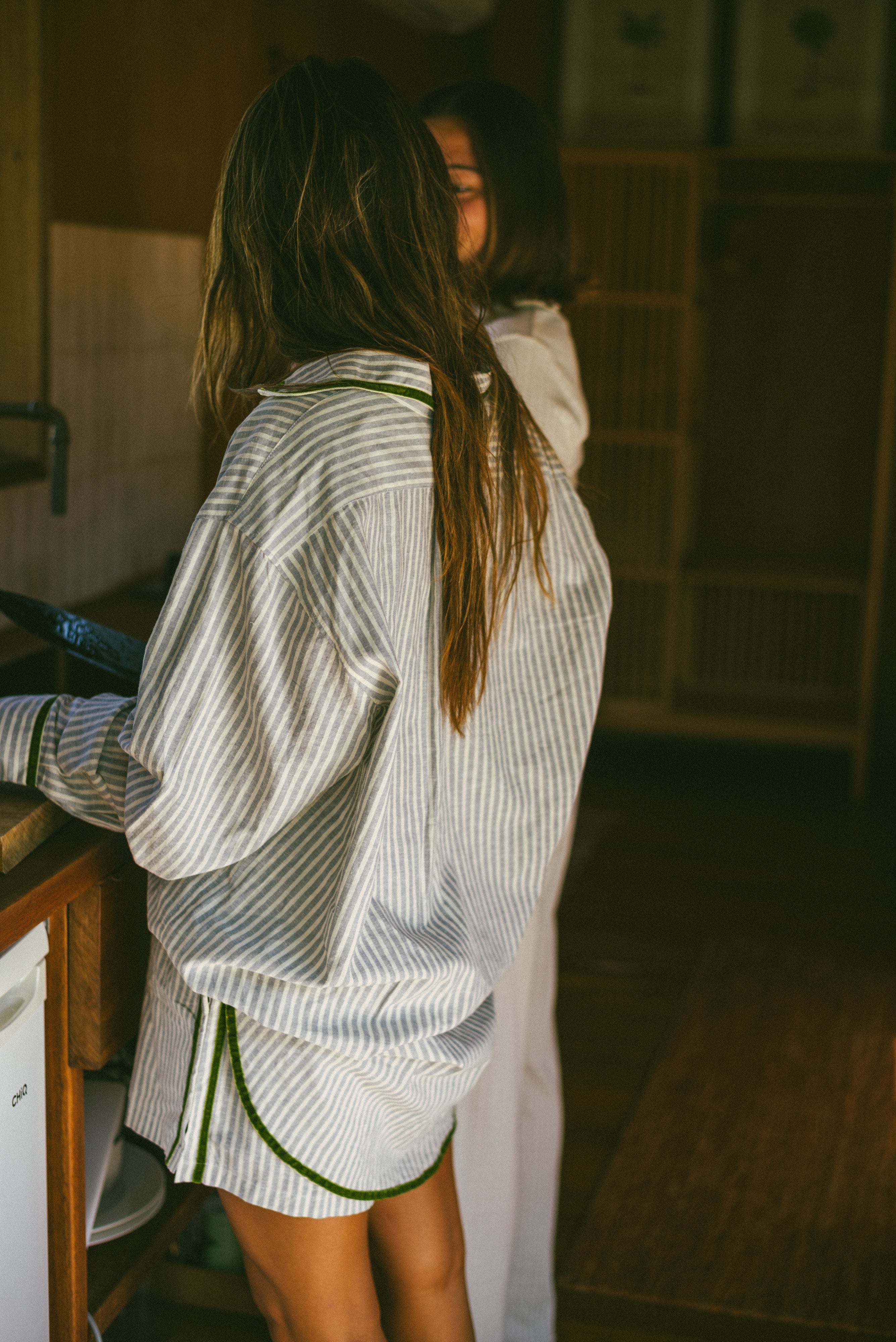 PJ Shirt in Green Velvet Stripe - Atmosea