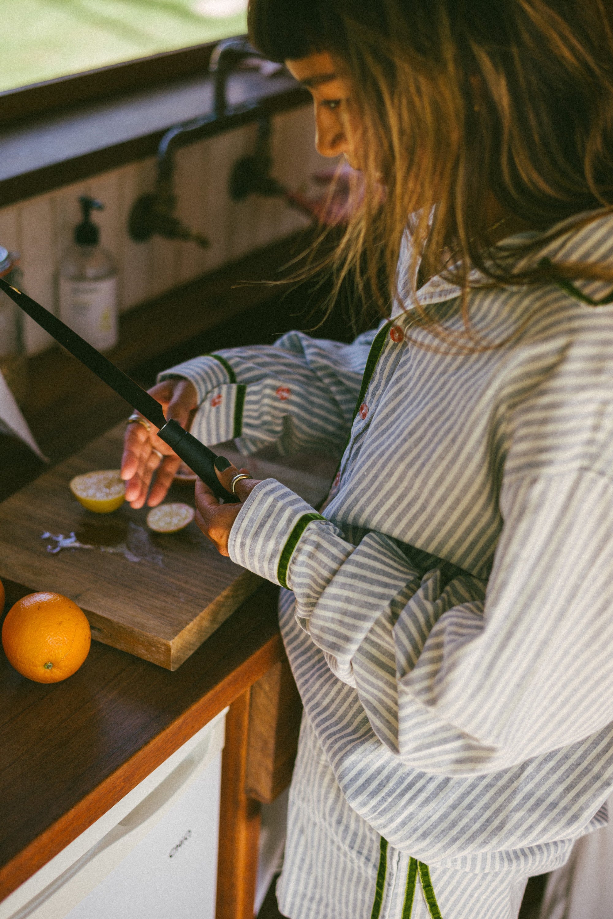 PJ Shirt in Green Velvet Stripe - Atmosea