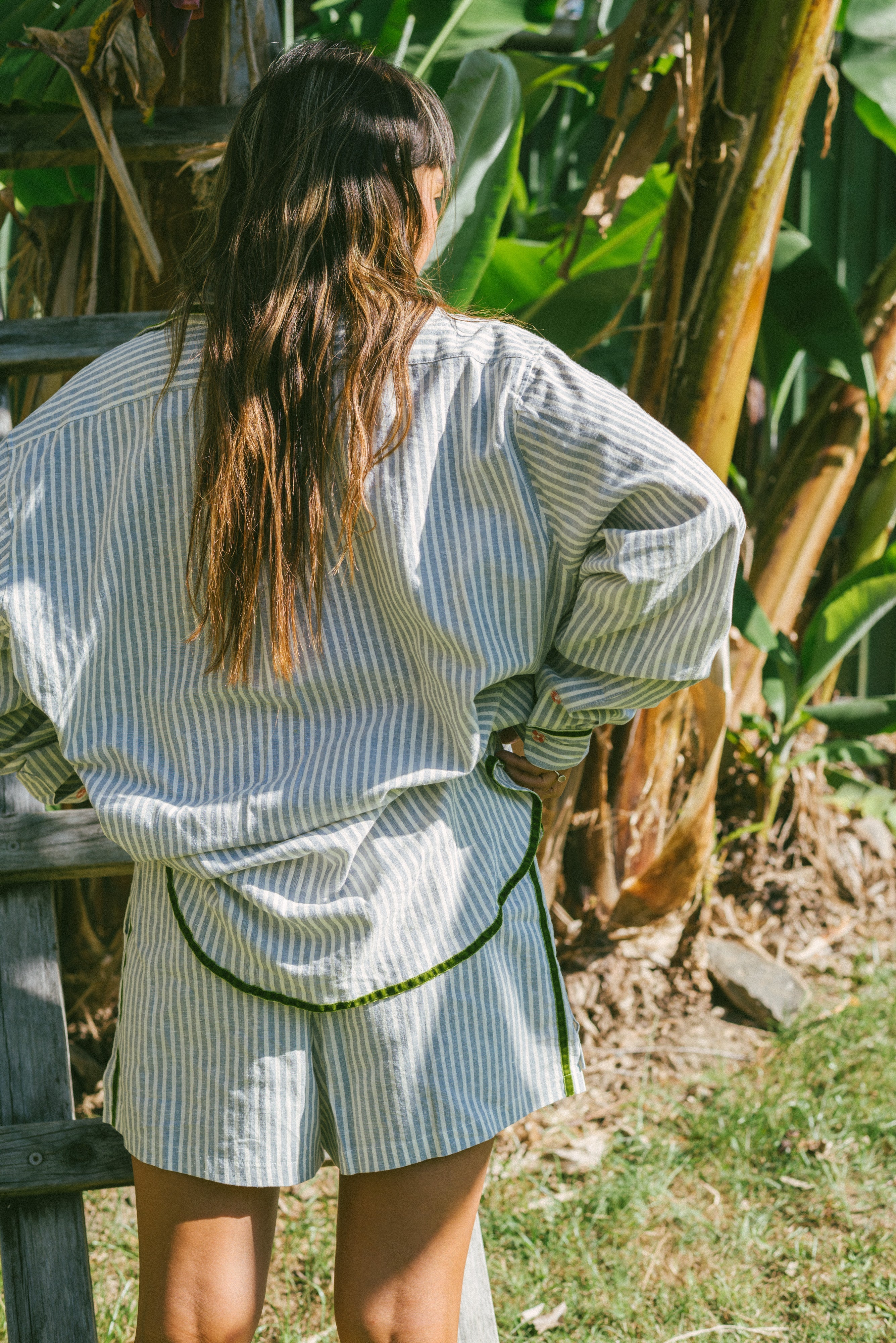 PJ Shirt in Green Velvet Stripe - Atmosea