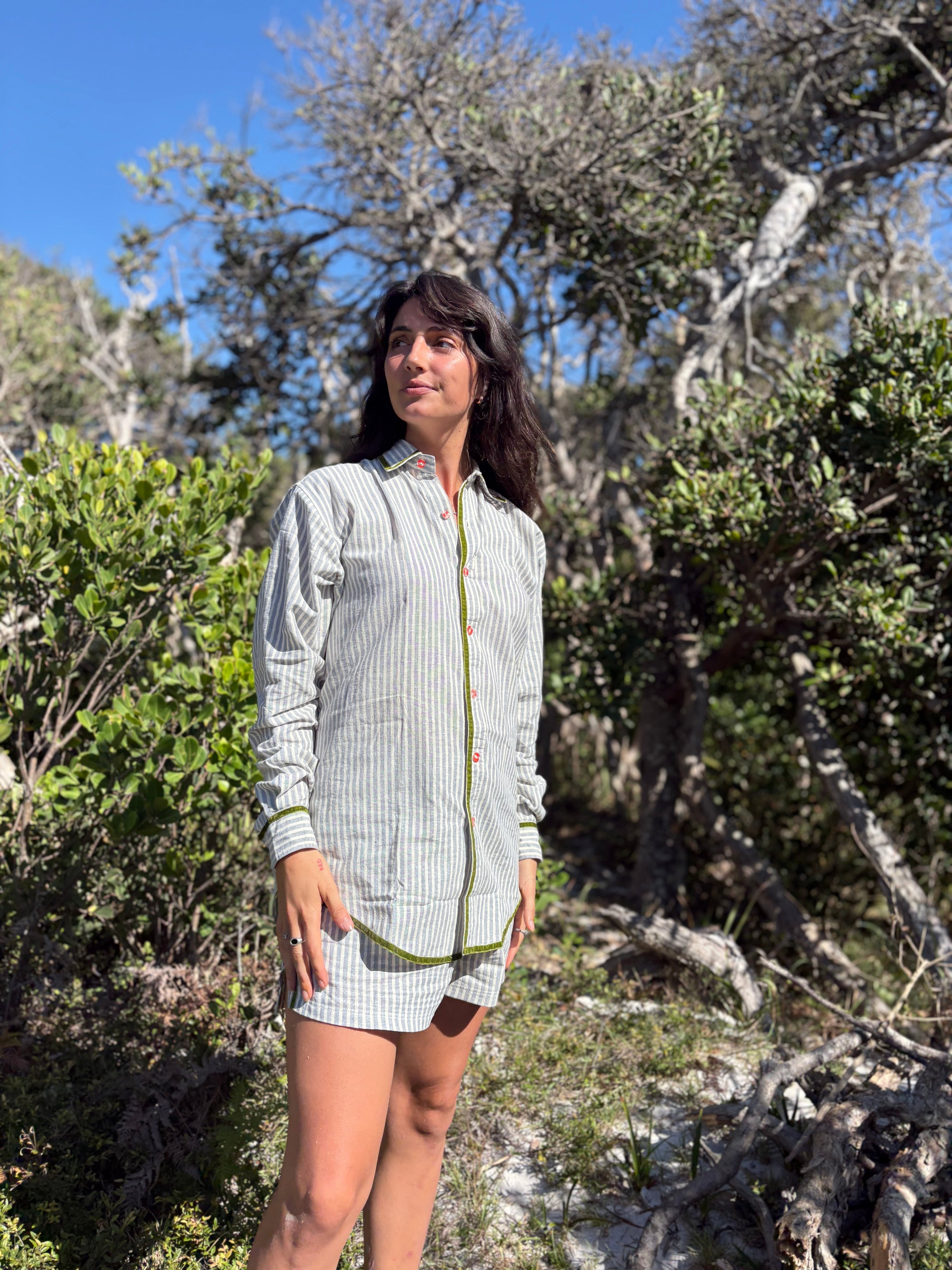 PJ Shirt in Green Velvet Stripe - Atmosea