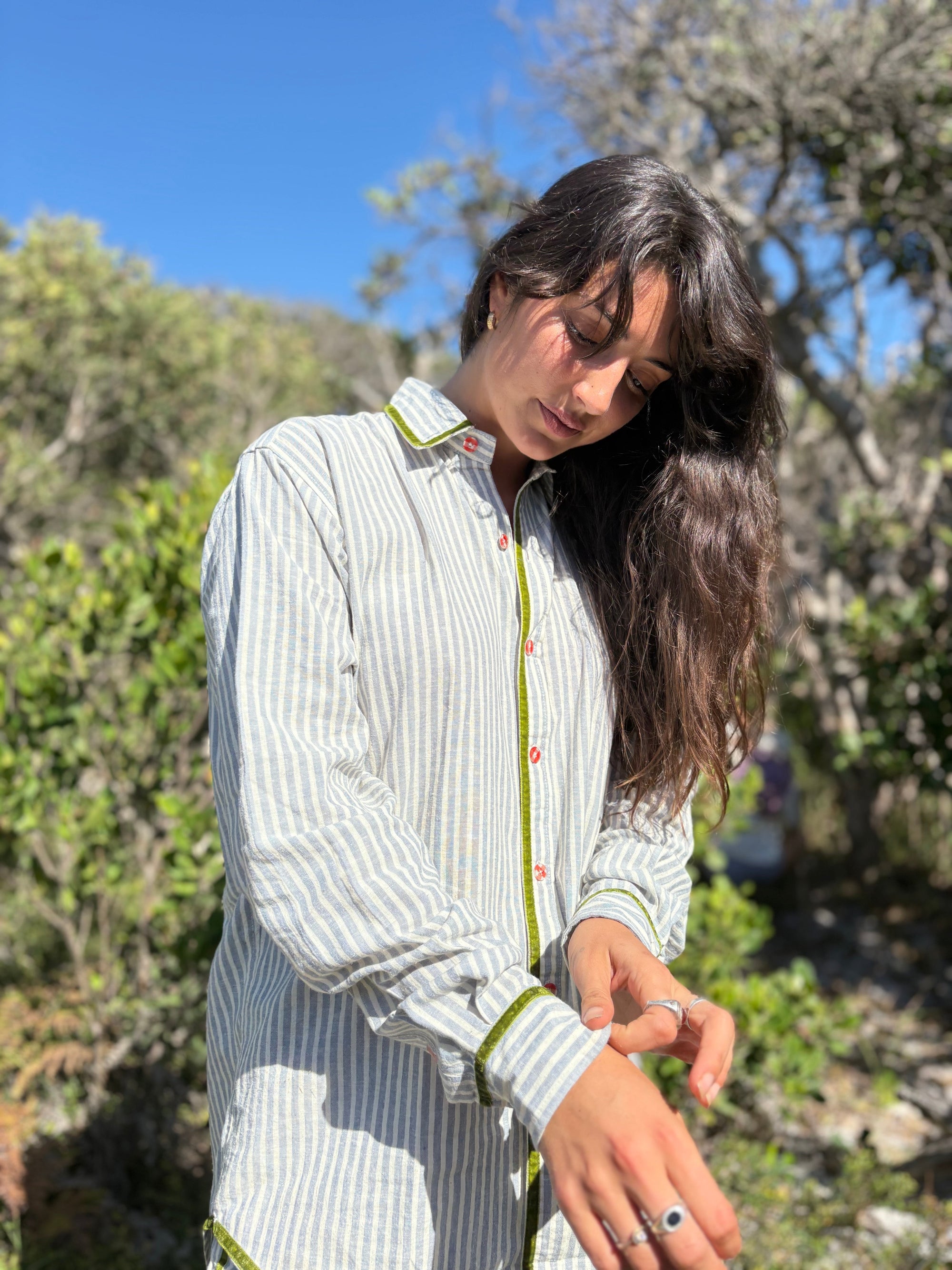 PJ Shirt in Green Velvet Stripe - Atmosea