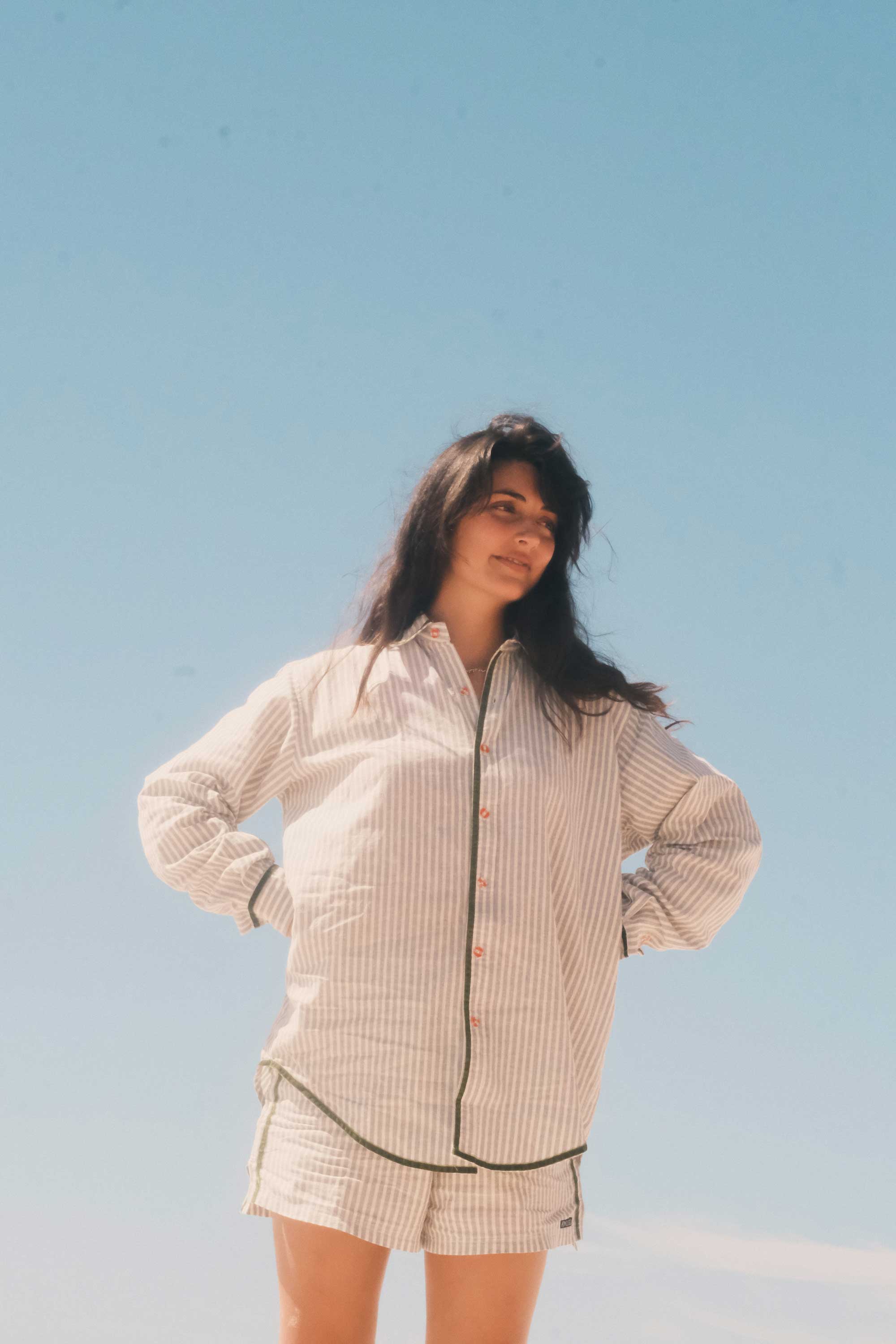PJ Shirt in Green Velvet Stripe - Atmosea