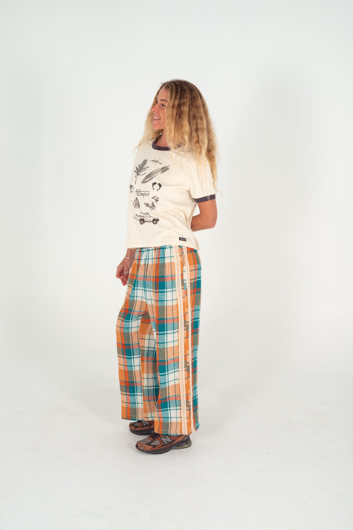 Rozzie Elastic Waist Pant in Citrus/ Teal Check - Atmosea