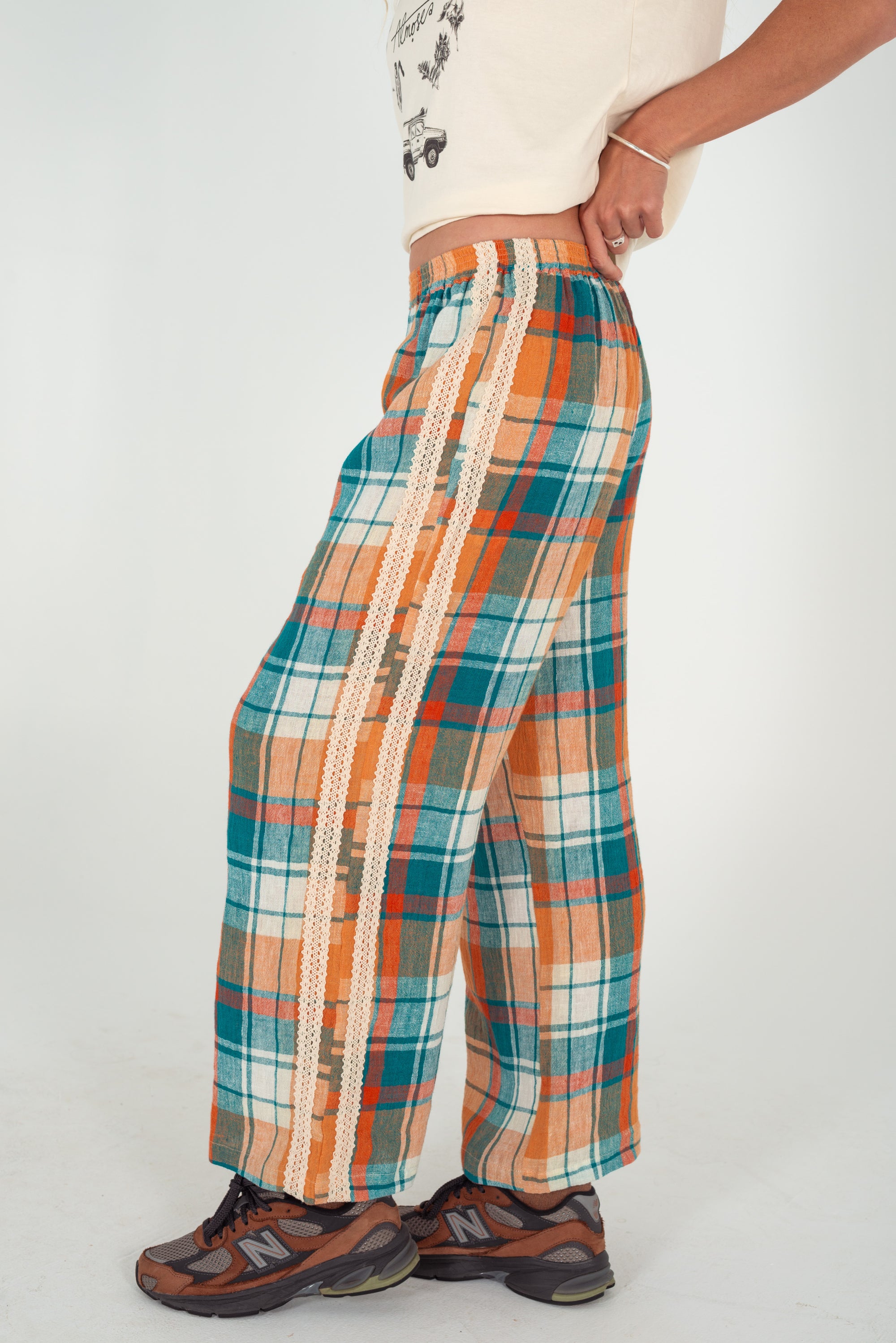 Rozzie Elastic Waist Pant in Citrus/ Teal Check - Atmosea
