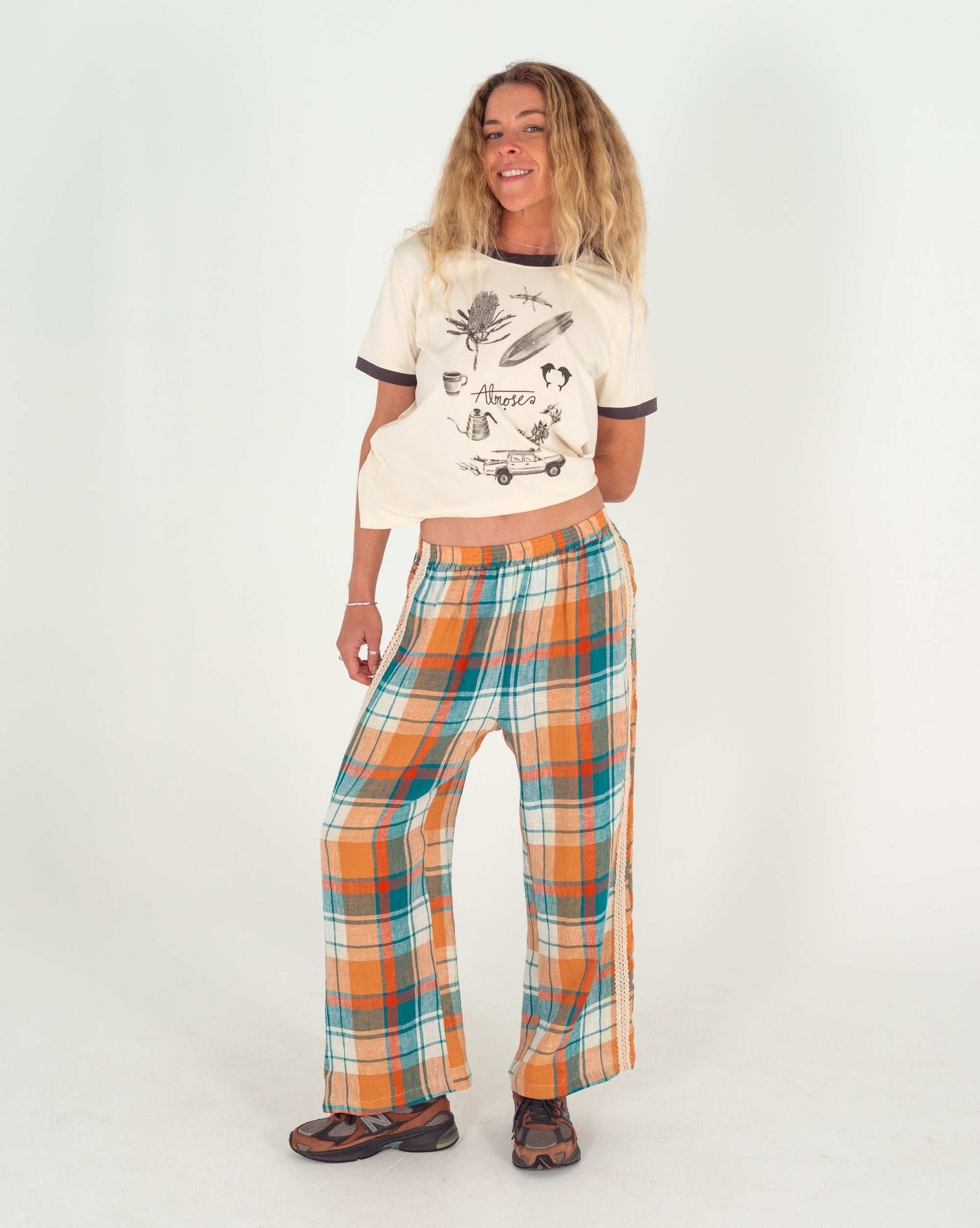 Rozzie Elastic Waist Pant in Citrus/ Teal Check - Atmosea