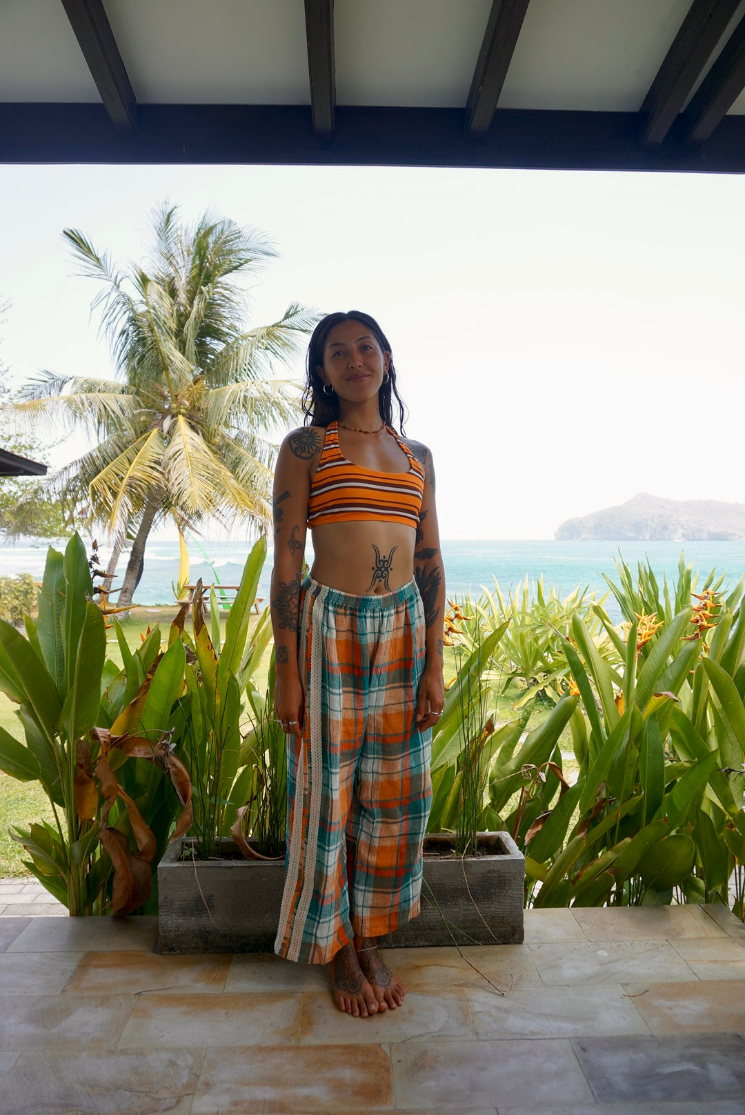 Rozzie Elastic Waist Pant in Citrus/ Teal Check - Atmosea