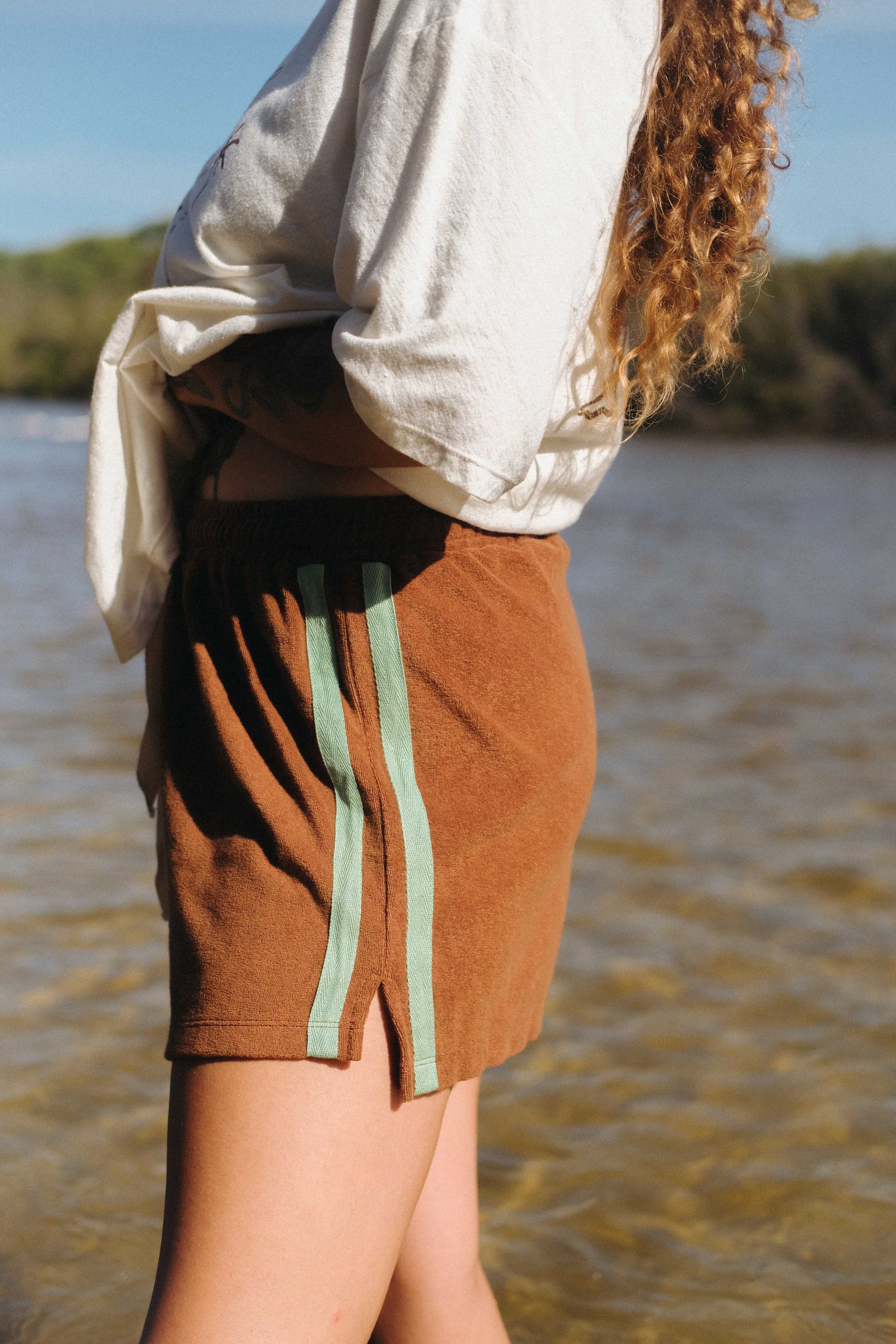Terry Towelling Shorts - Brown with Mint Stripe - Atmosea