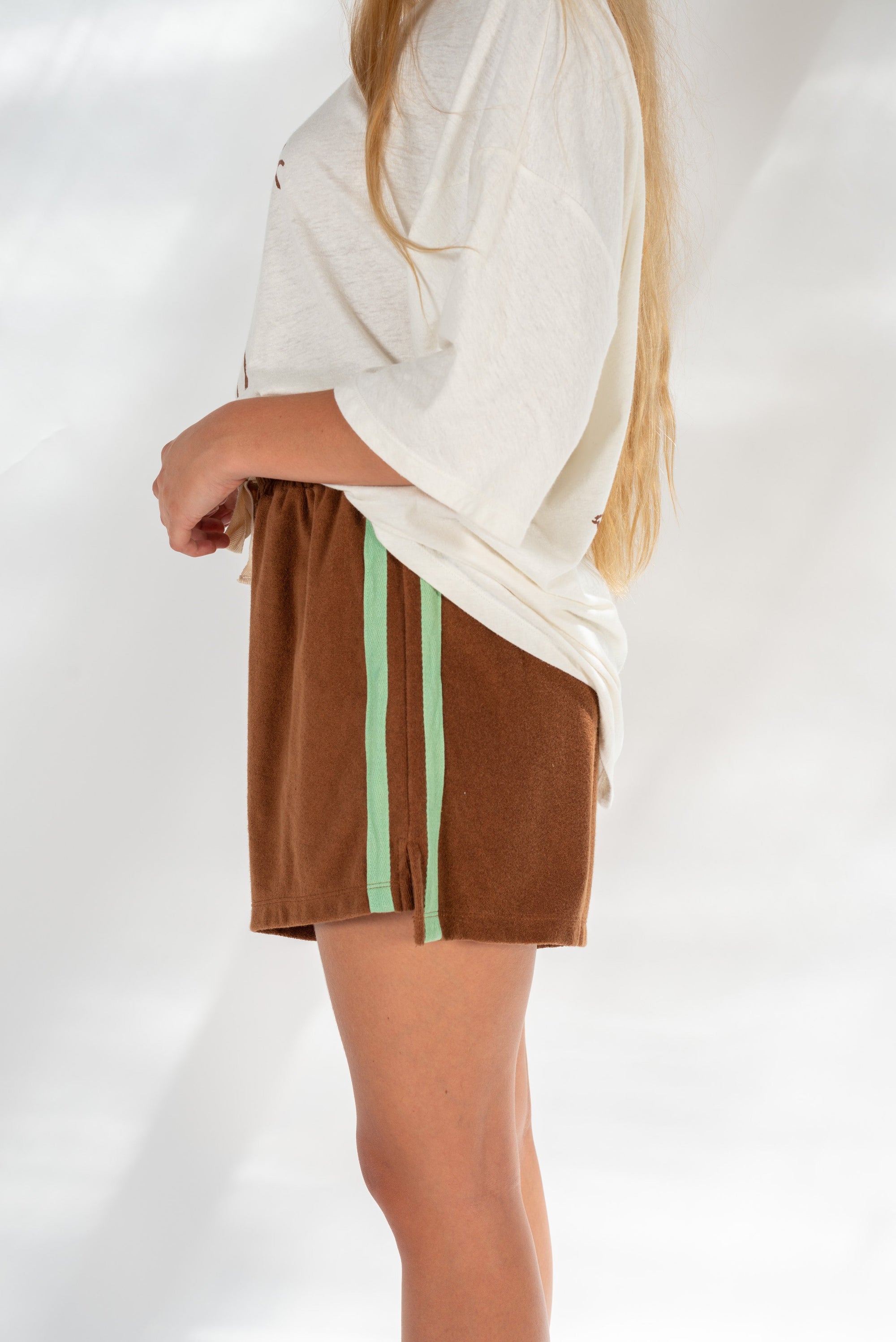 Terry Towelling Shorts - Brown with Mint Stripe - Atmosea