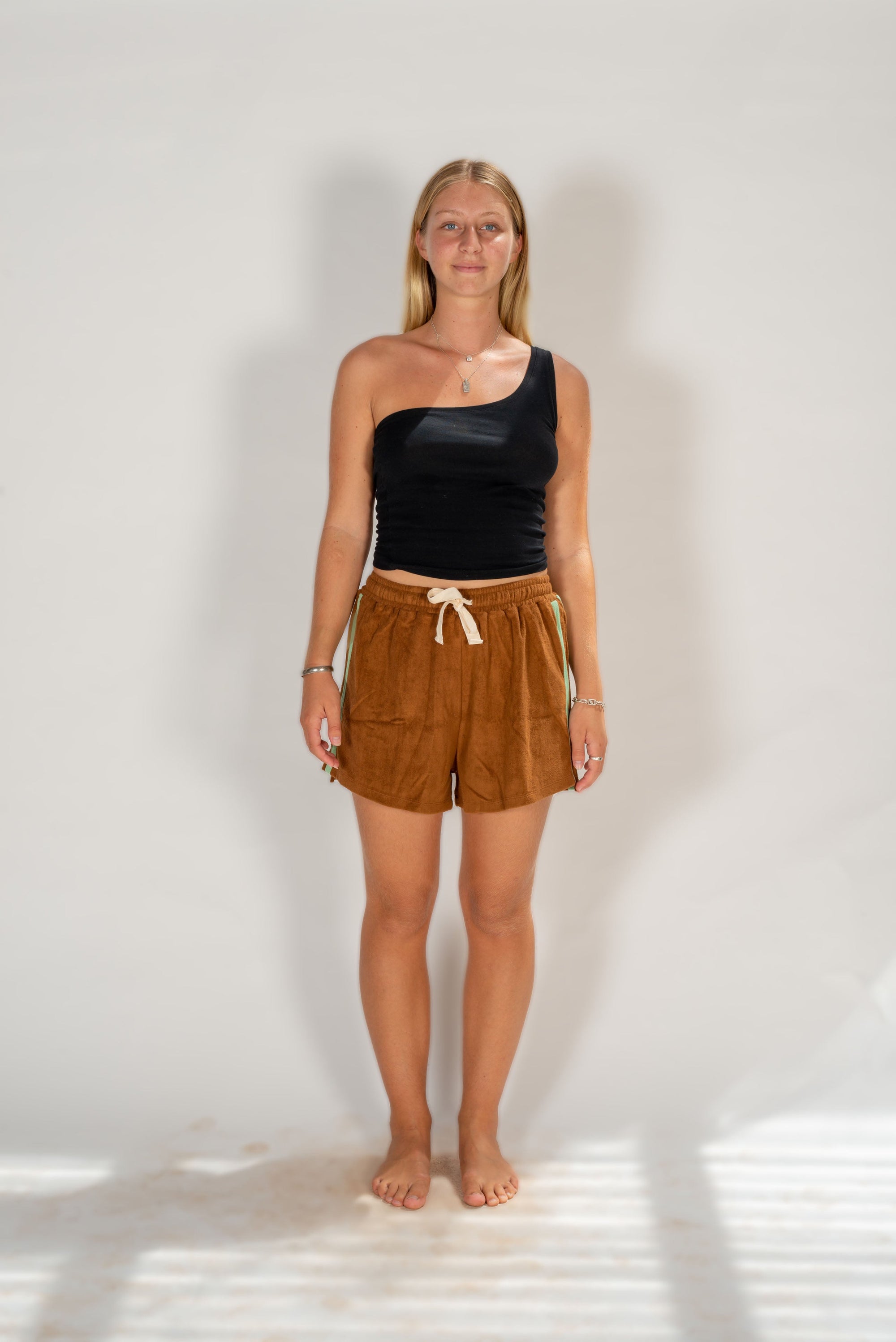 Terry Towelling Shorts - Brown with Mint Stripe - Atmosea